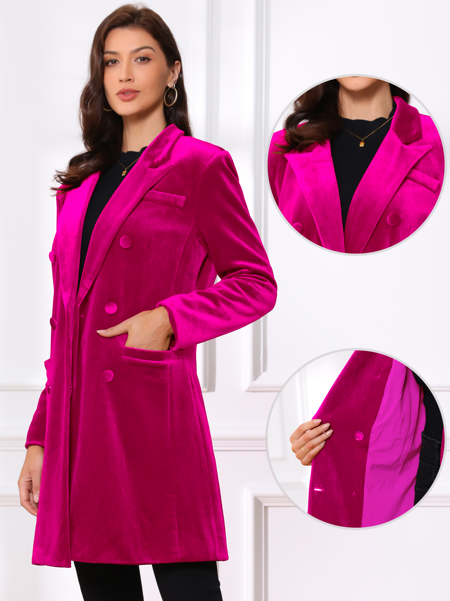 Velvet Notched Lapel Double-Breasted Long Outerwear Winter Coats Hot Pink/XL