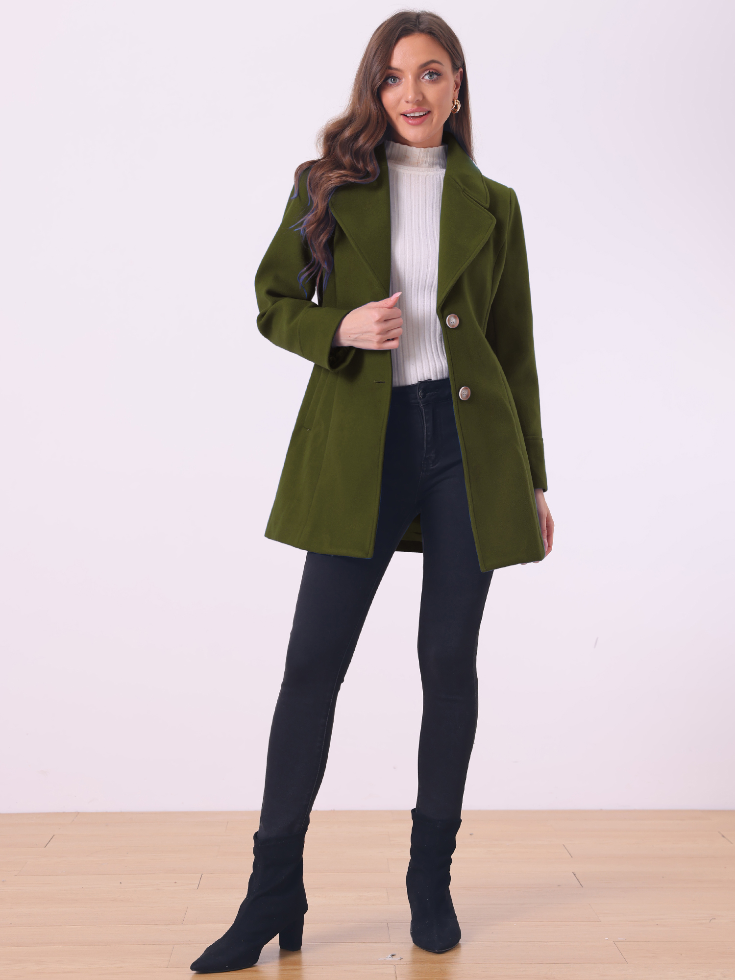 Elegant Notched Shawl Collar Single Breasted Winter Long Coat Army Green/S