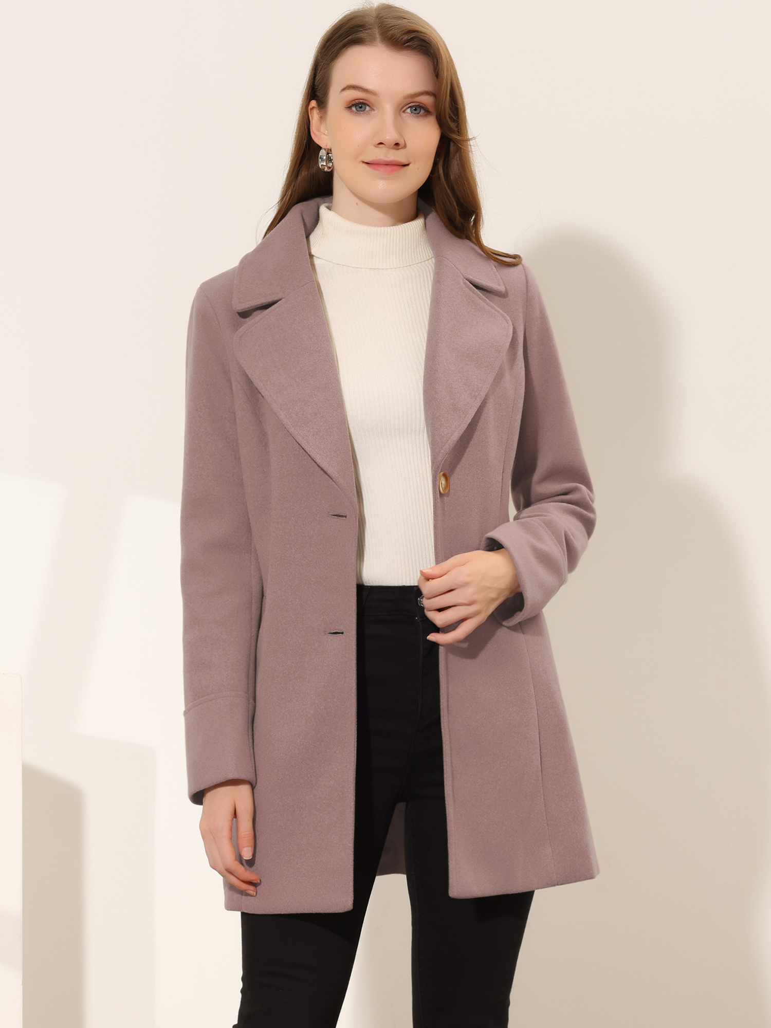 Elegant Notched Shawl Collar Single Breasted Winter Long Coat Dusty Pink/L