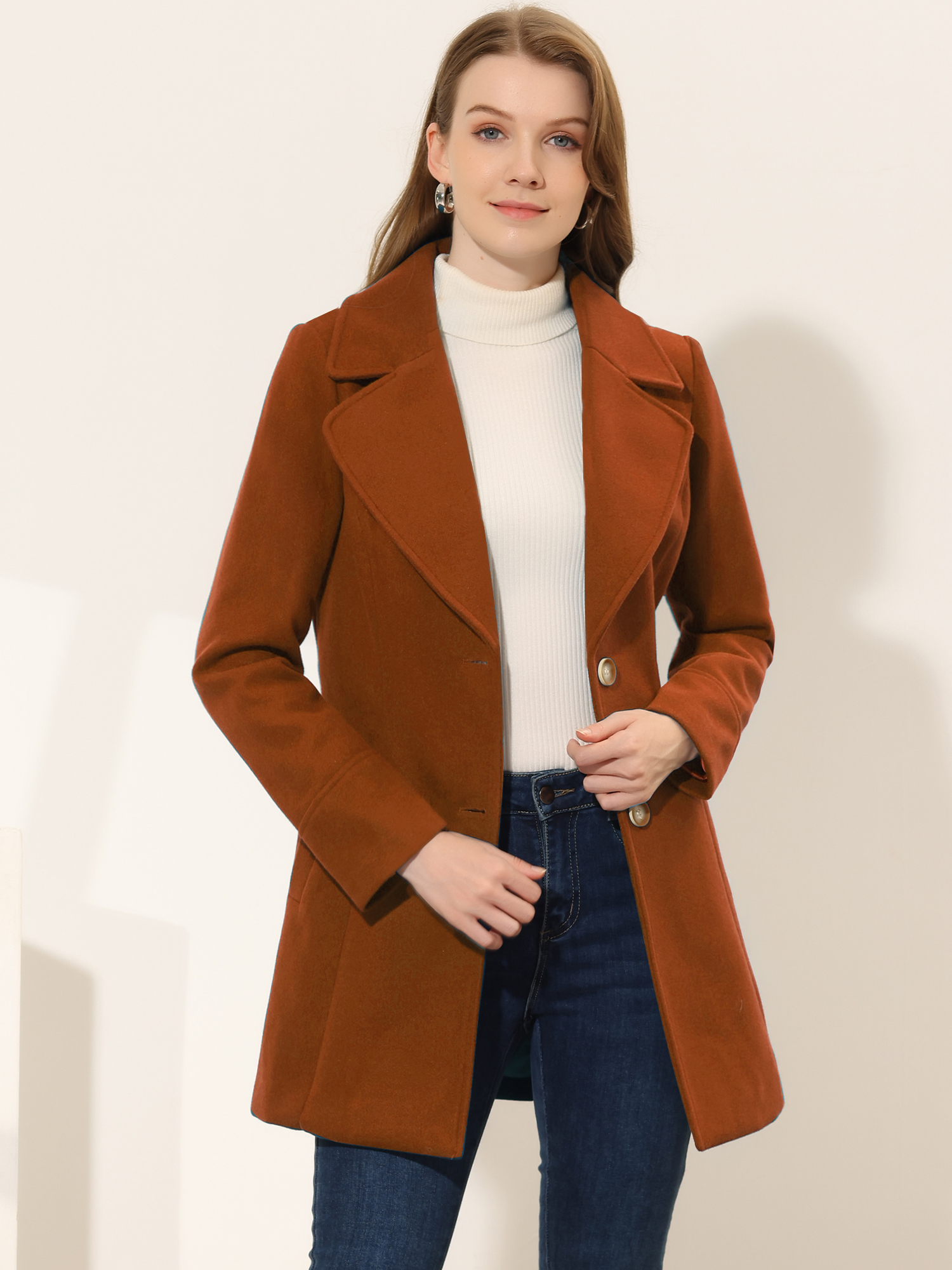 Elegant Notched Shawl Collar Single Breasted Winter Long Coat Caramel/M
