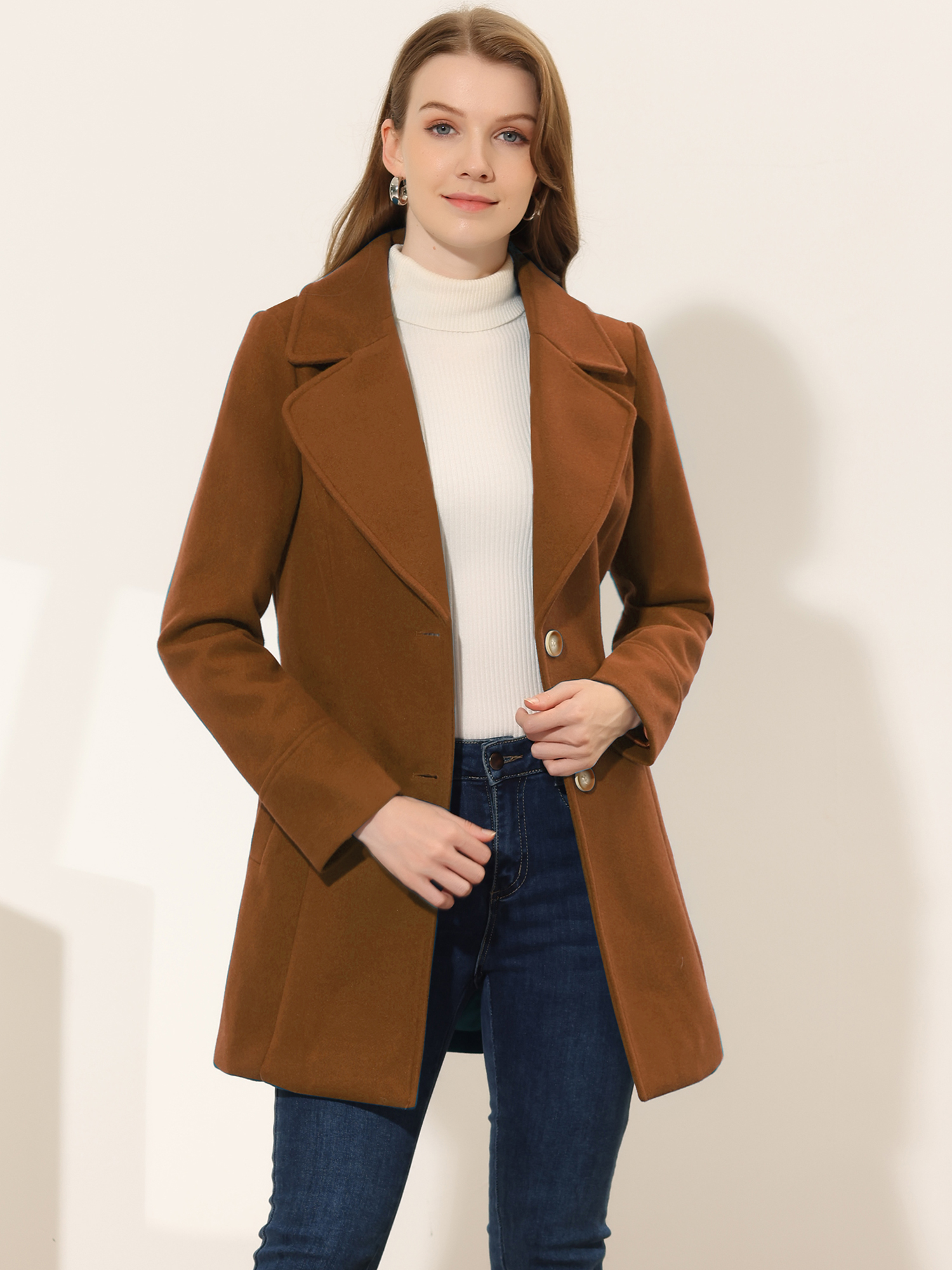 Elegant Notched Shawl Collar Single Breasted Winter Long Coat Dark Brown/M