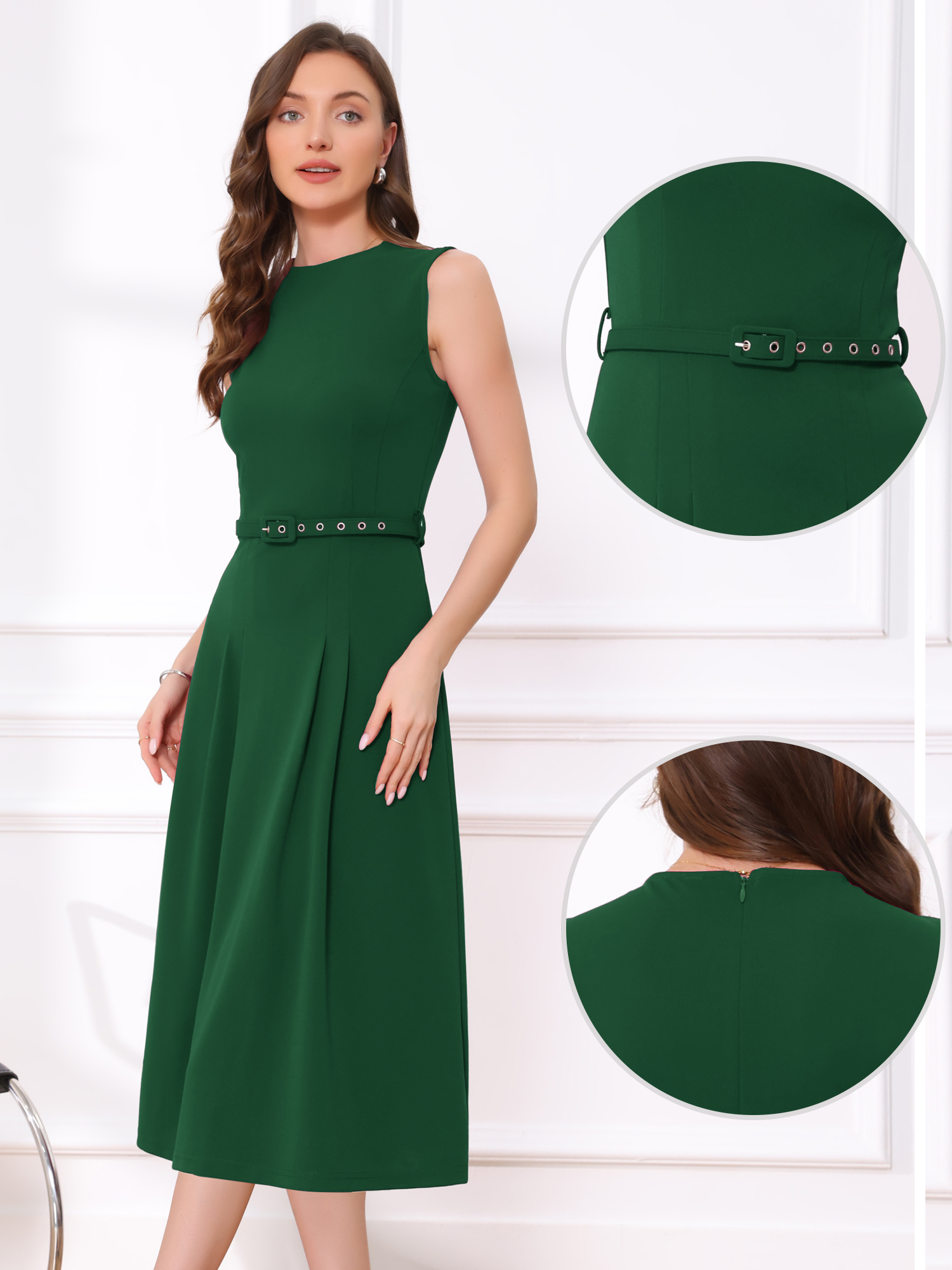 Work Sleeveless Crew Neck Belted A-Line Office Dress Dark Green/S