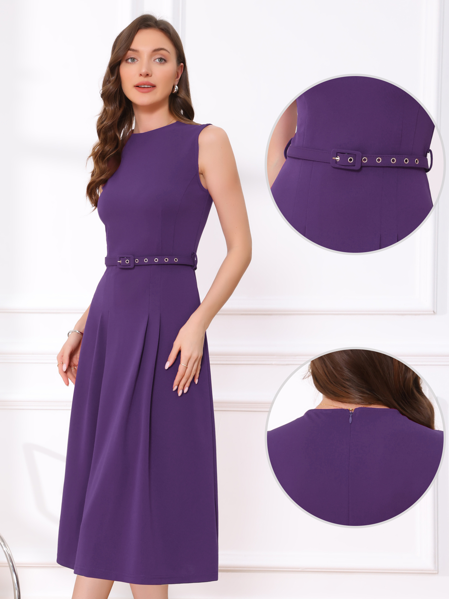Work Sleeveless Crew Neck Belted A-Line Office Dress Dark Purple/XS