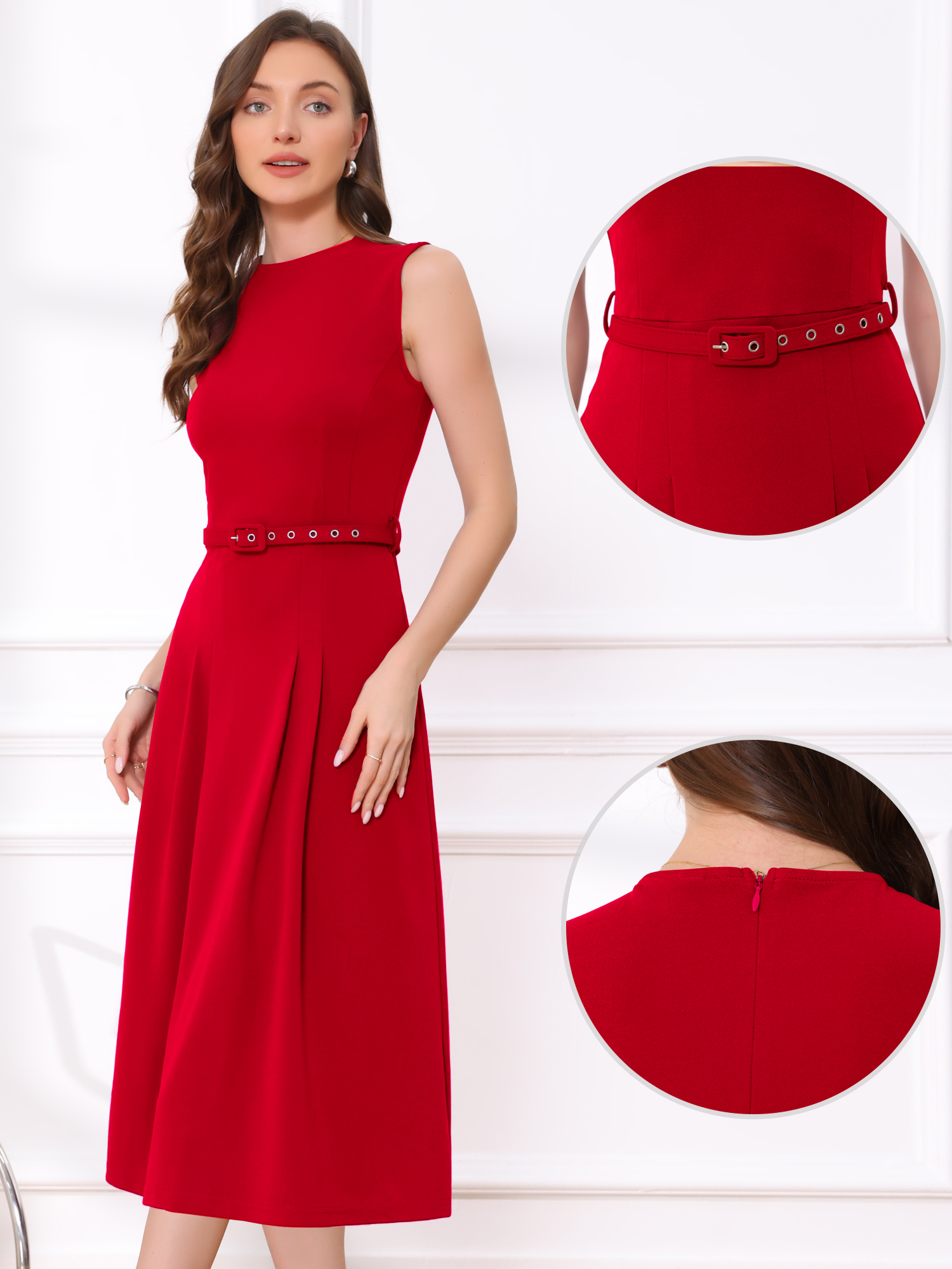 Work Sleeveless Crew Neck Belted A-Line Office Dress Red/S