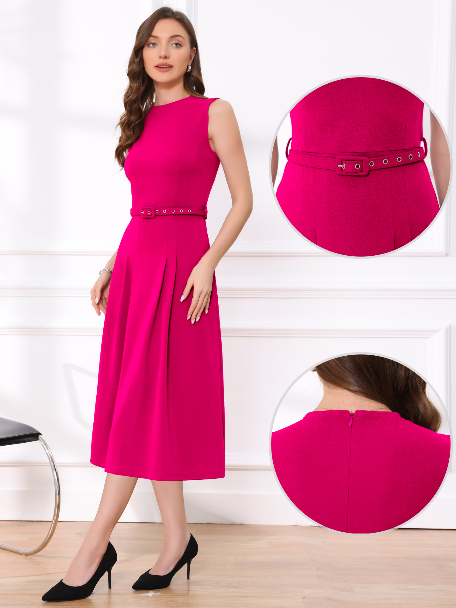 Work Sleeveless Crew Neck Belted A-Line Office Dress Hot Pink/L