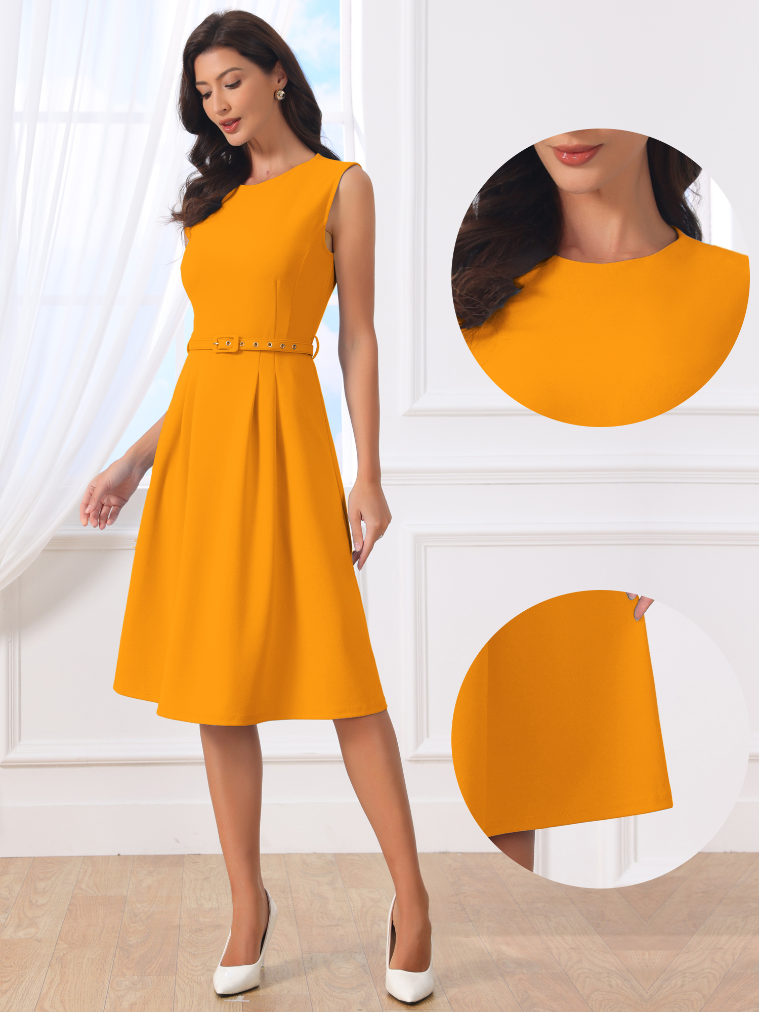 Work Sleeveless Crew Neck Belted A-Line Office Dress Mustard/XS