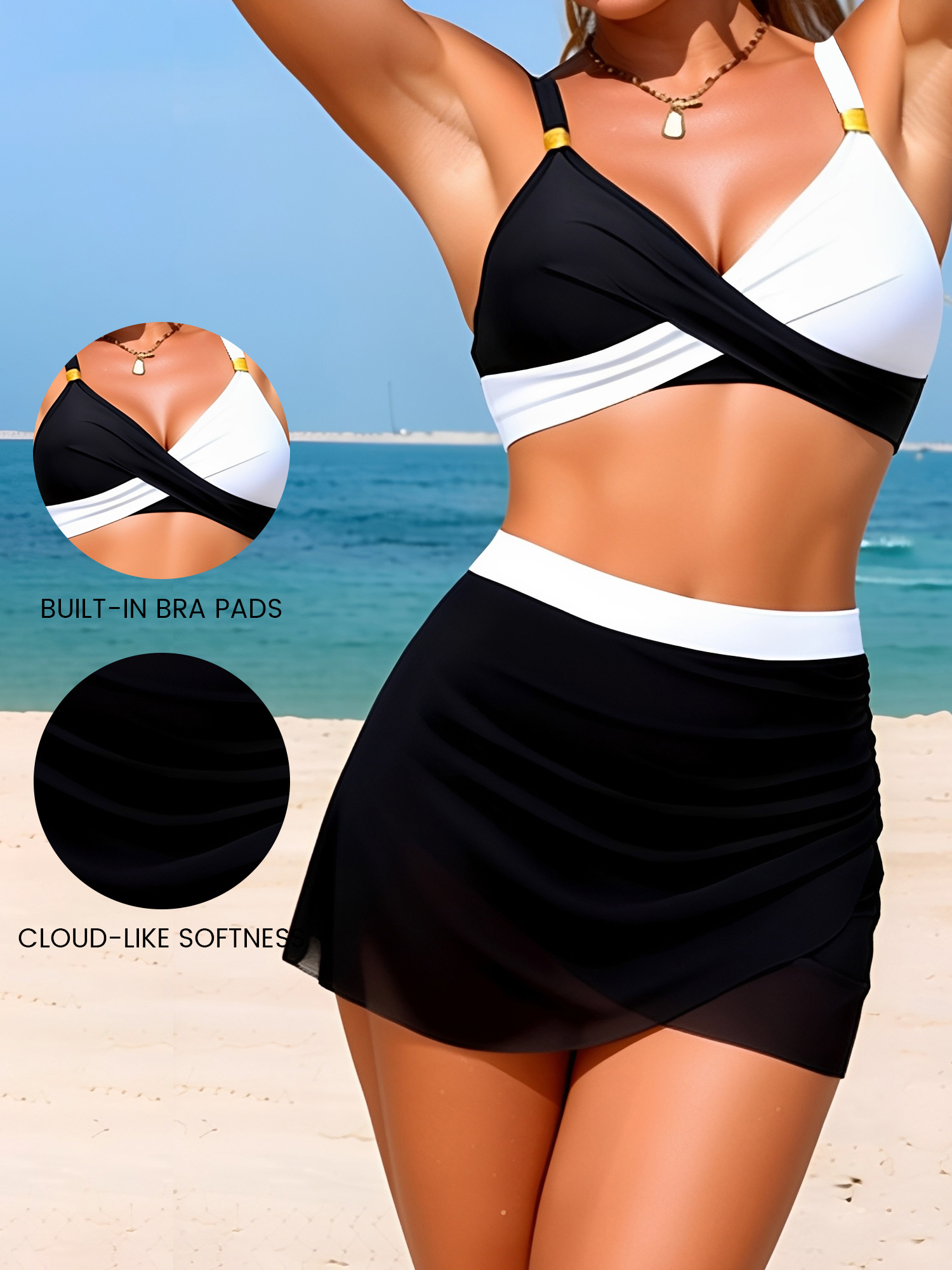 2 Piece Colorblock Sporty Skirted Swimwear Black White/L