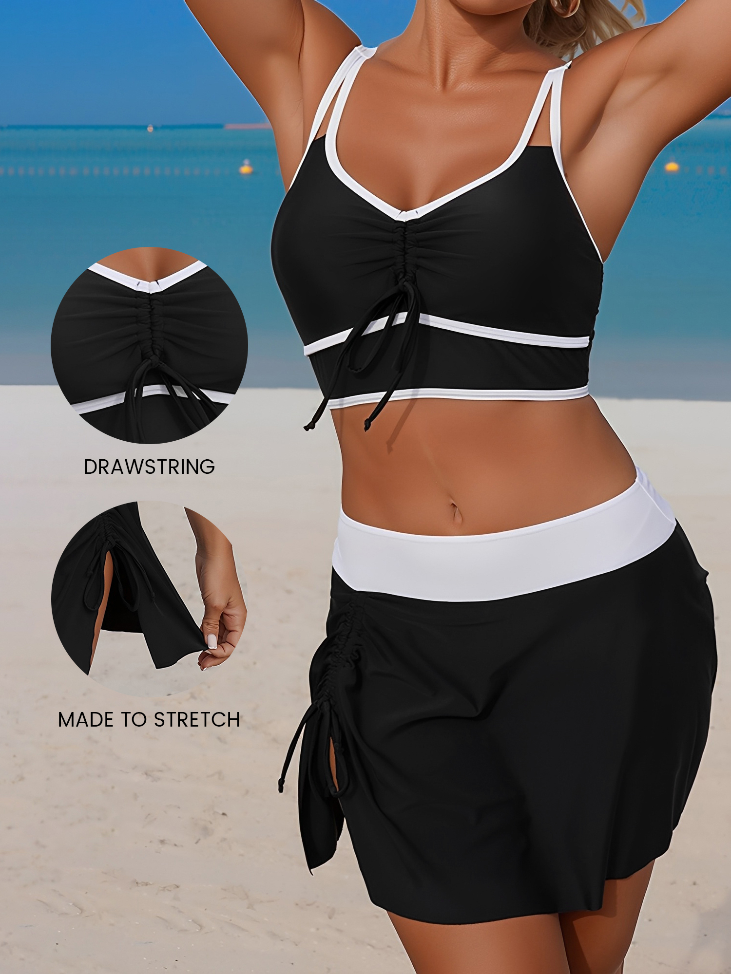2 Piece Colorblock Sleeveless Skirted Ruched Sporty Swimwear Black/L