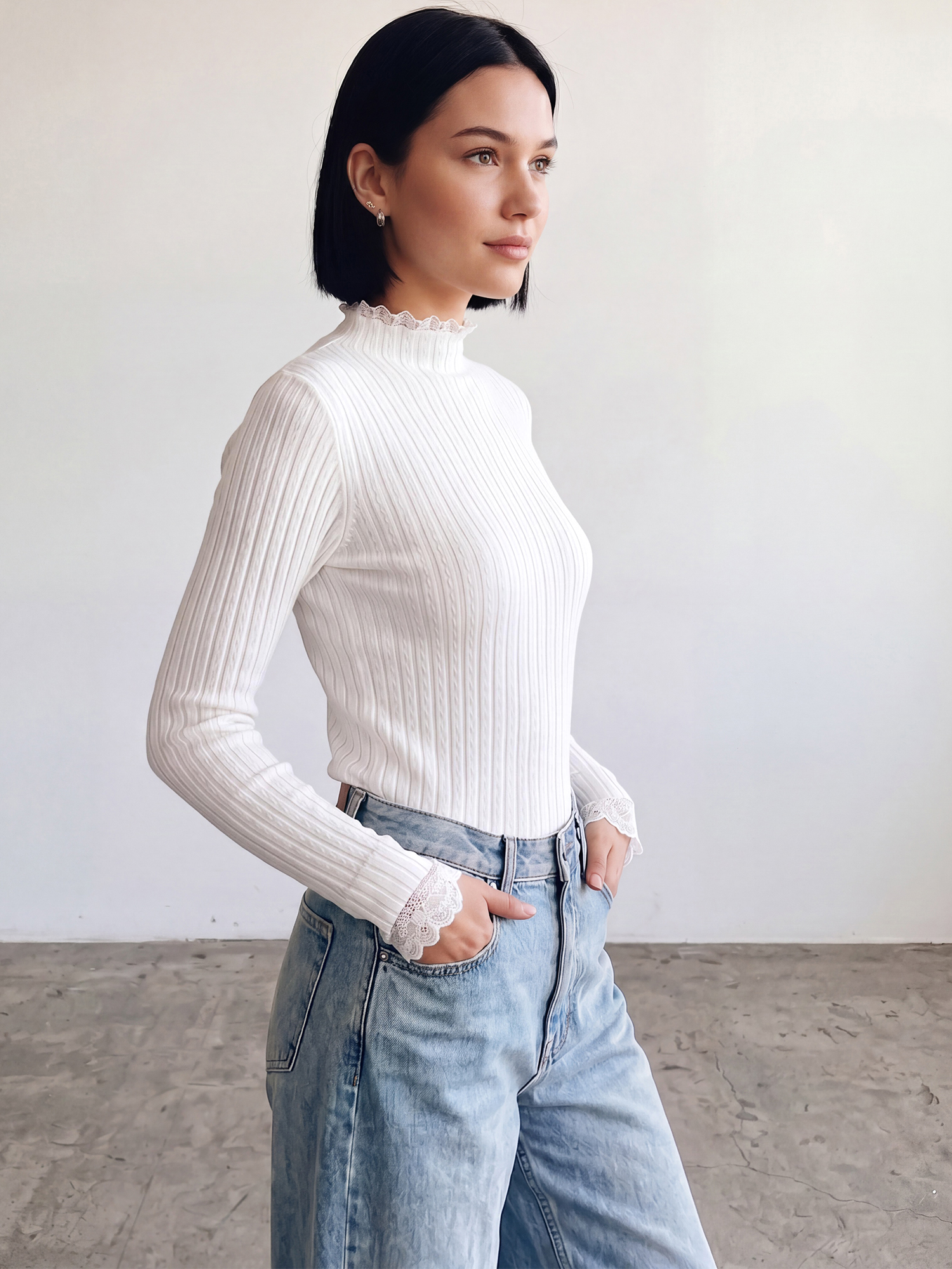 Lace Mock Neck Long Sleeves Ribbed Knit Tops White/M