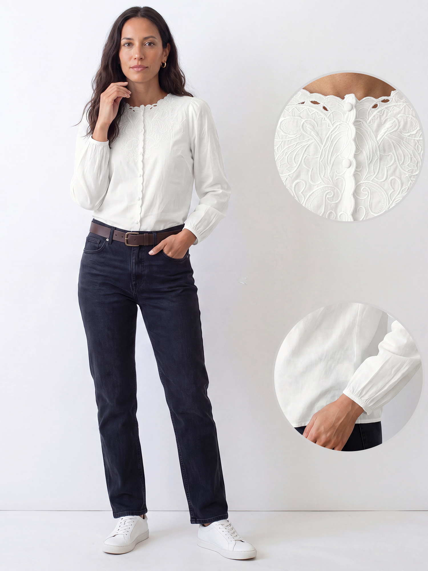 Cotton Embroidered Button Down Lantern Sleeves Blouse White/S