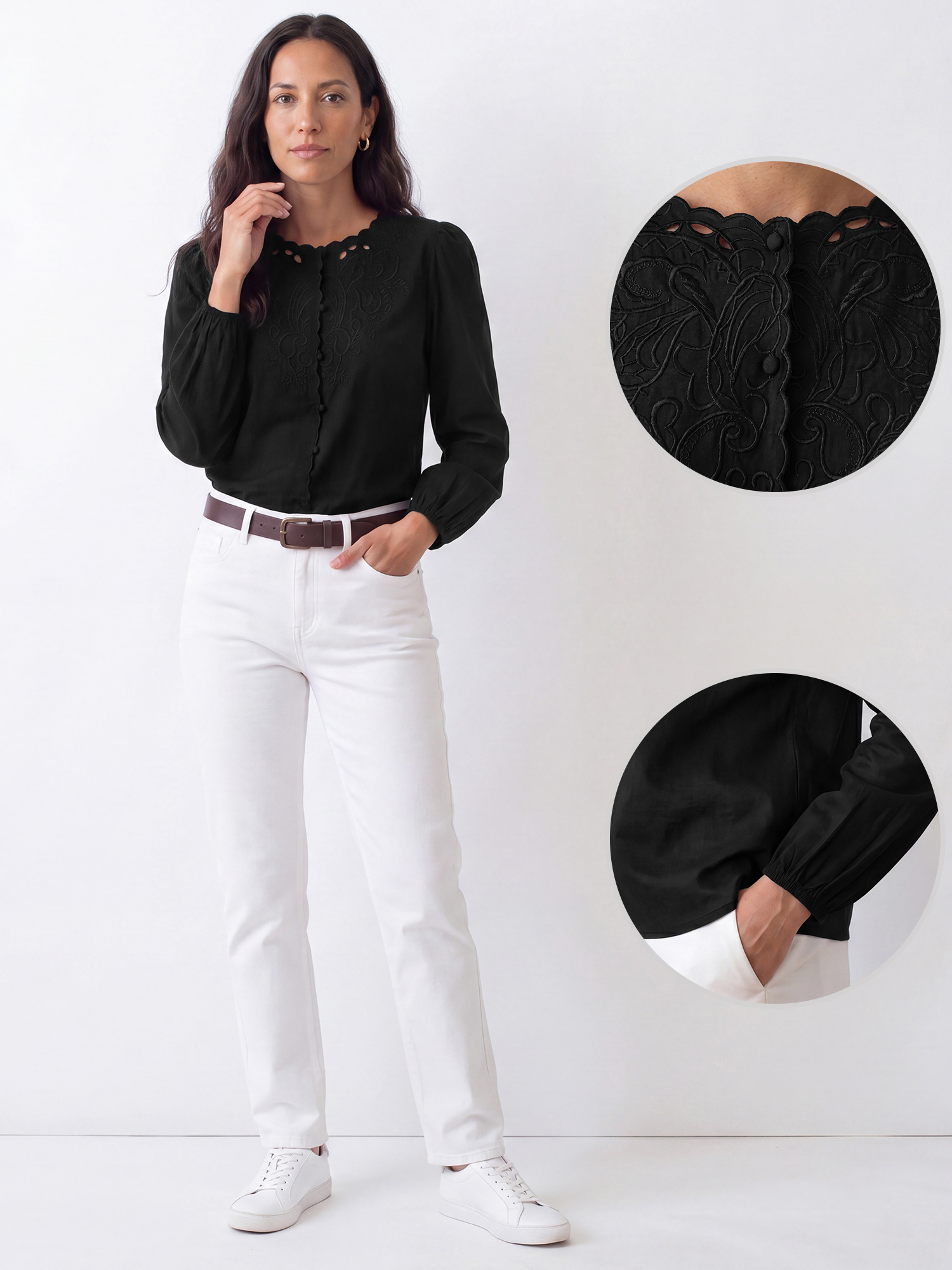 Cotton Embroidered Button Down Lantern Sleeves Blouse Black/XL