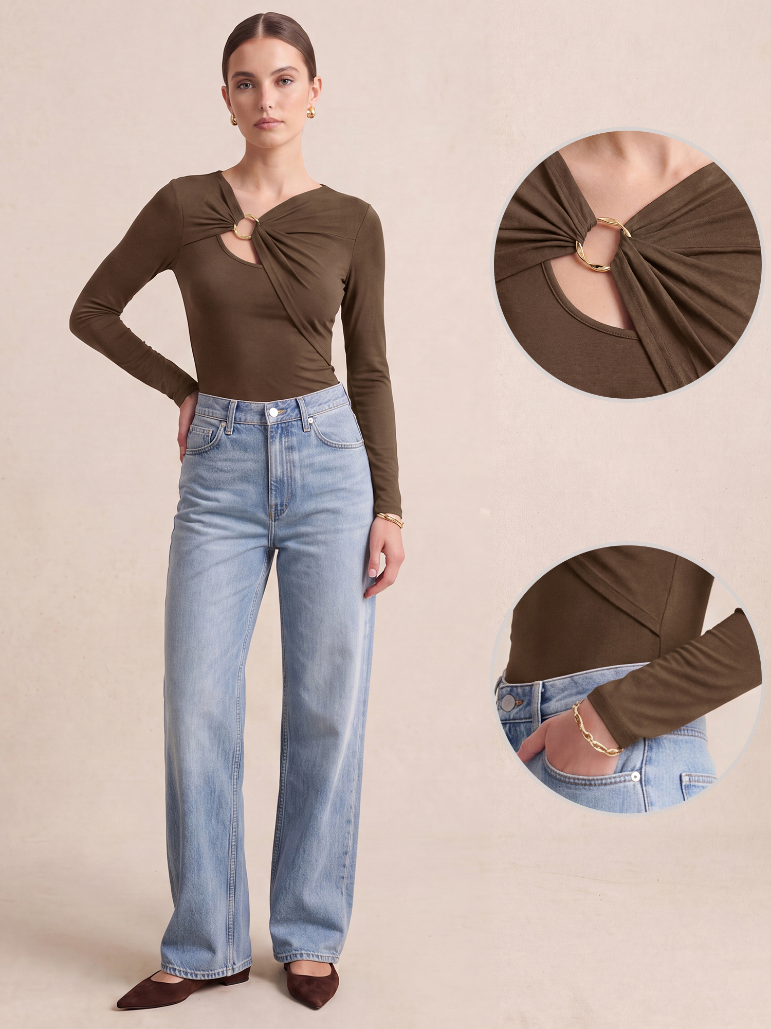 Asymmetrical Neck Long Sleeves Hollowed Out Blouse Coffee/XL