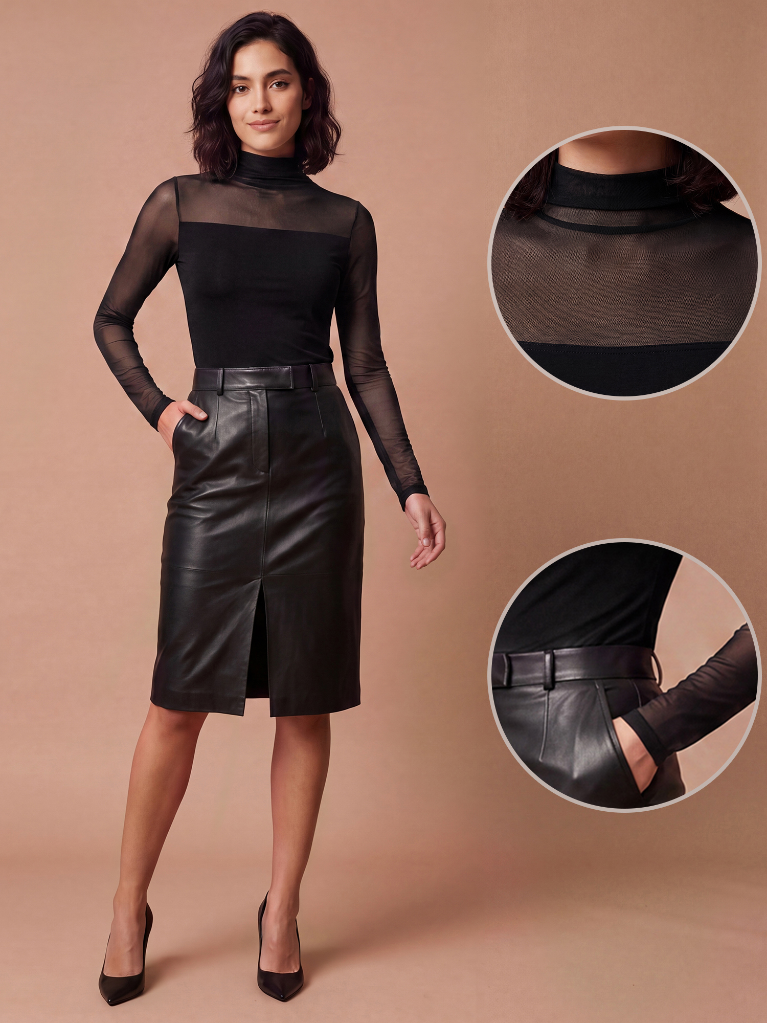 Mock Neck Long Sleeves Mesh Sheer Blouse Black/2XL