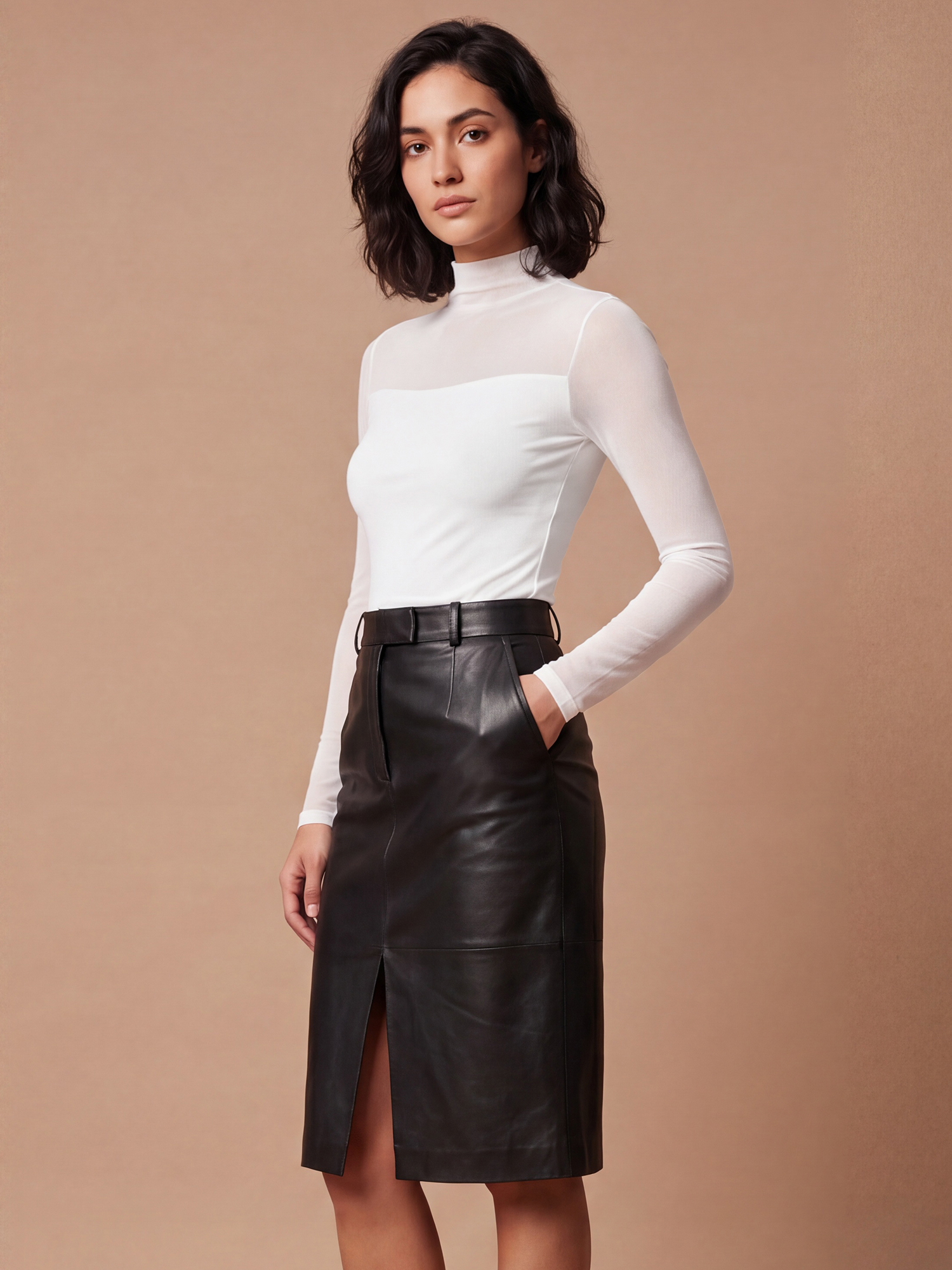 Mock Neck Long Sleeves Mesh Sheer Blouse White/L