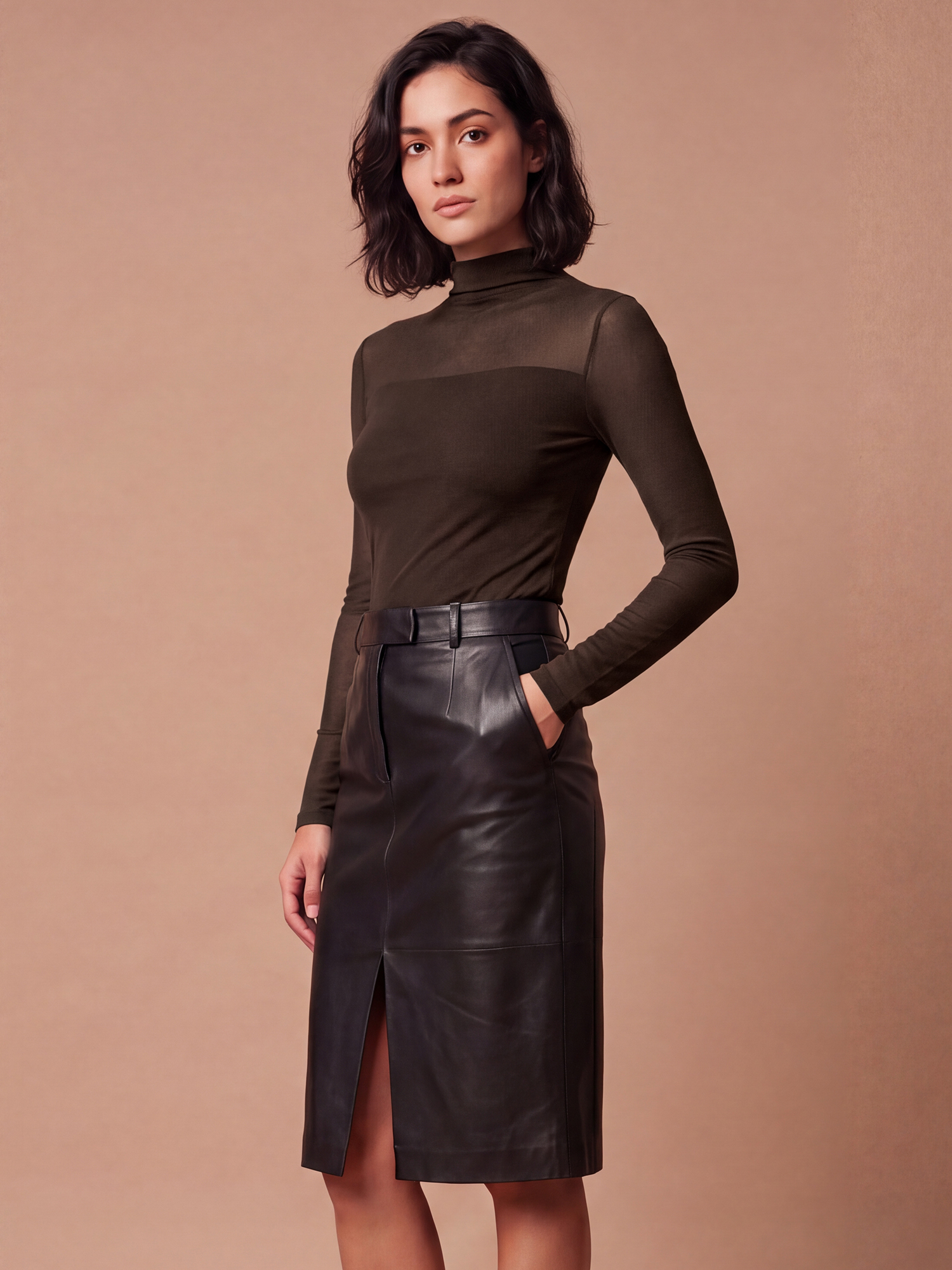 Mock Neck Long Sleeves Mesh Sheer Blouse Coffee/XL