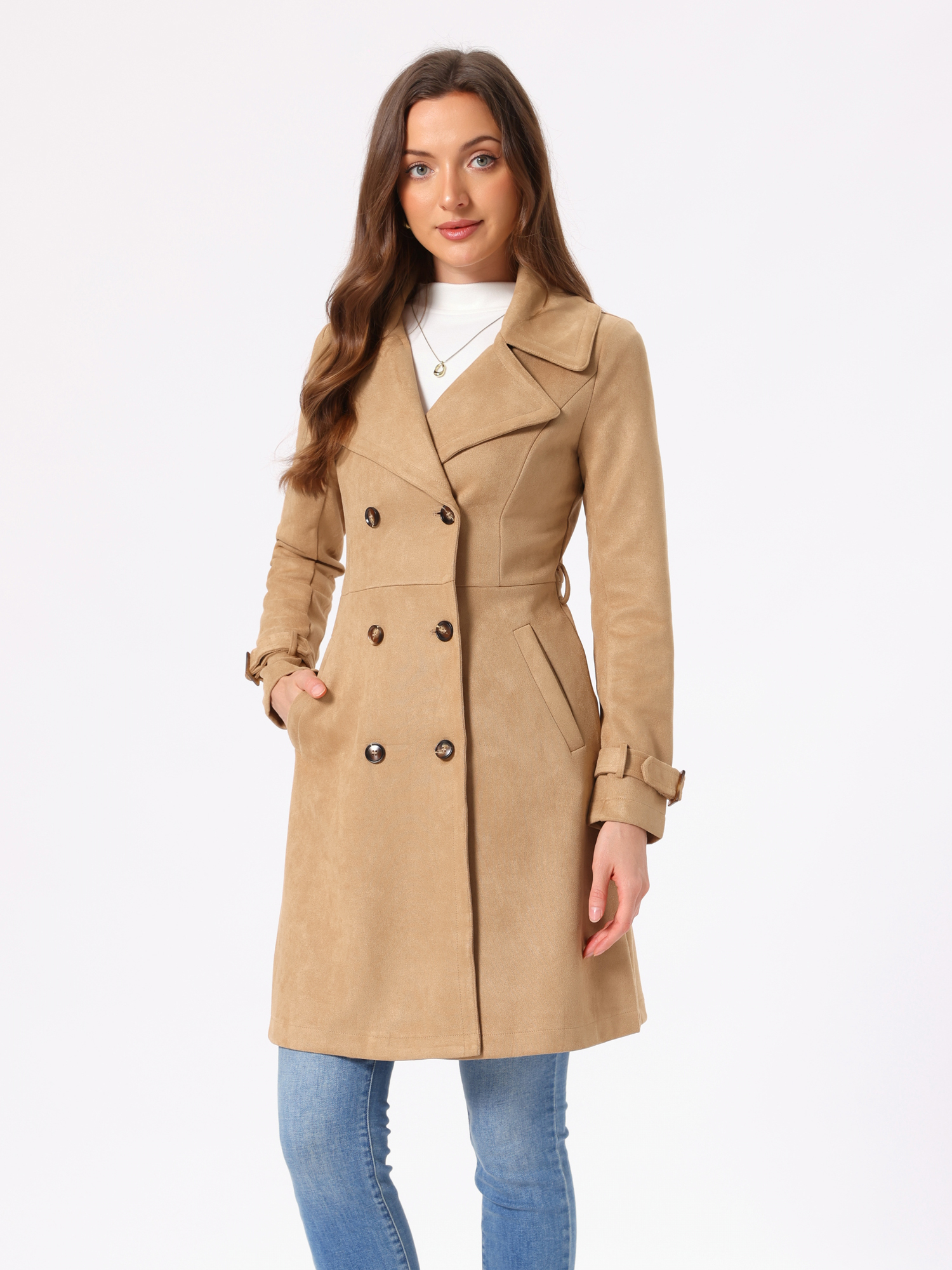 Faux Suede Notched Cuff Solid Double Breasted Tie Belt Trench Coat Khaki/XL