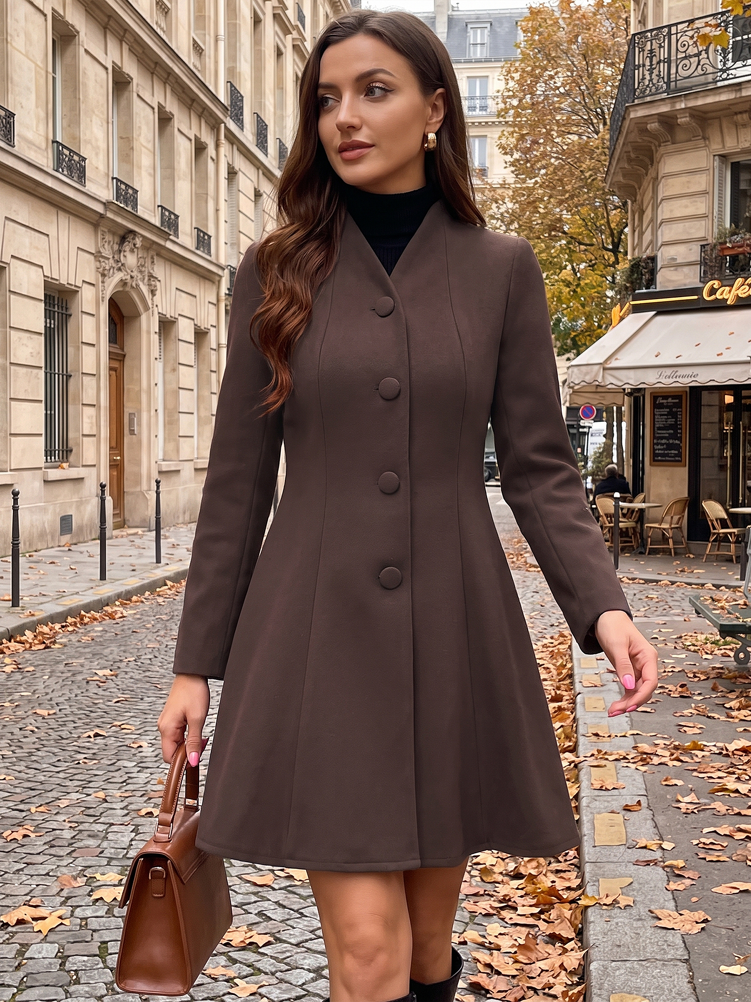 Single Breasted Long Sleeve Mid-Long Winter A Line Pea Coat Coffee/XL