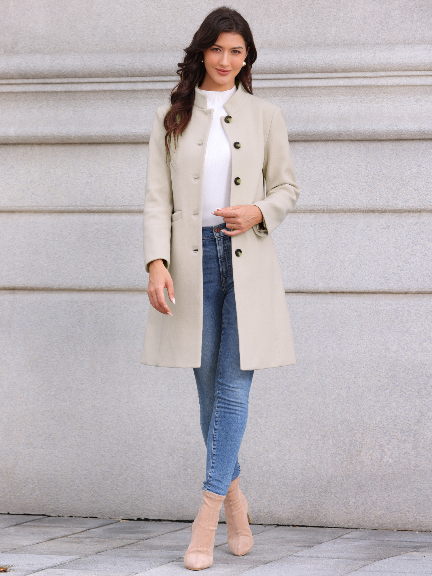 Stand Collar Single Breasted Mid-Long Overcoat Beige/XS