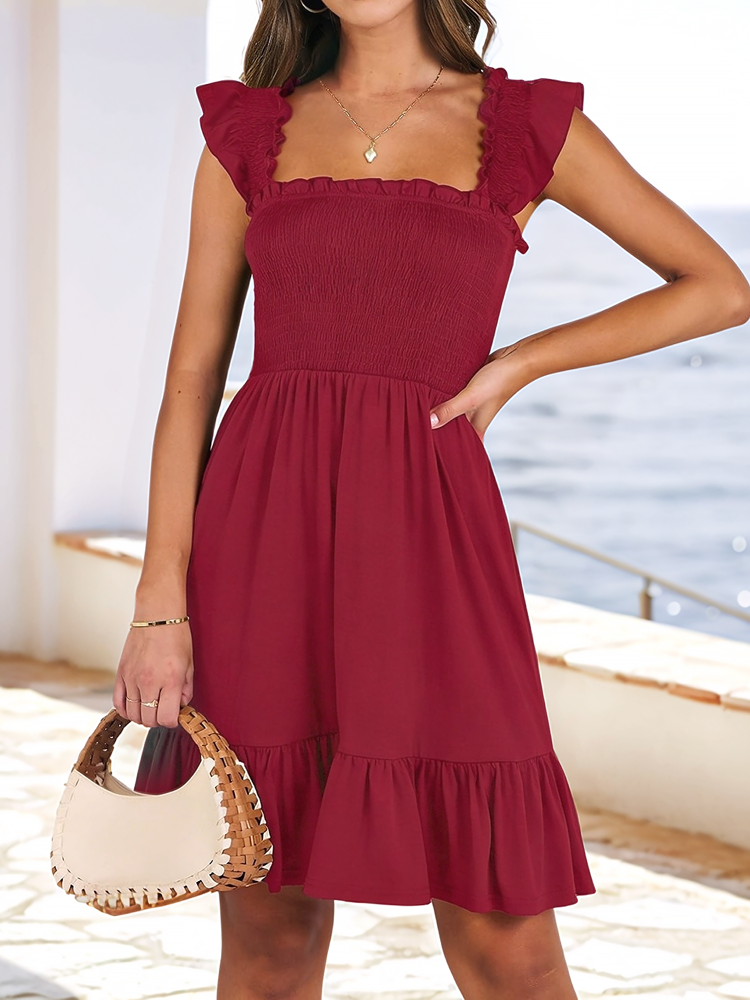 Ruffled Square Neck Cap Sleeves A-Line Tiered Dress Burgundy/M
