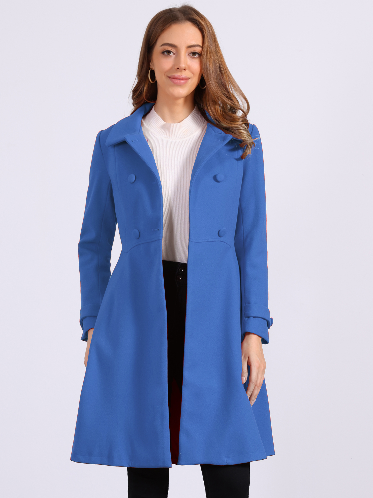 Winter Overcoat Collared A Line Double Breasted Long Coat Dusty Blue/XL