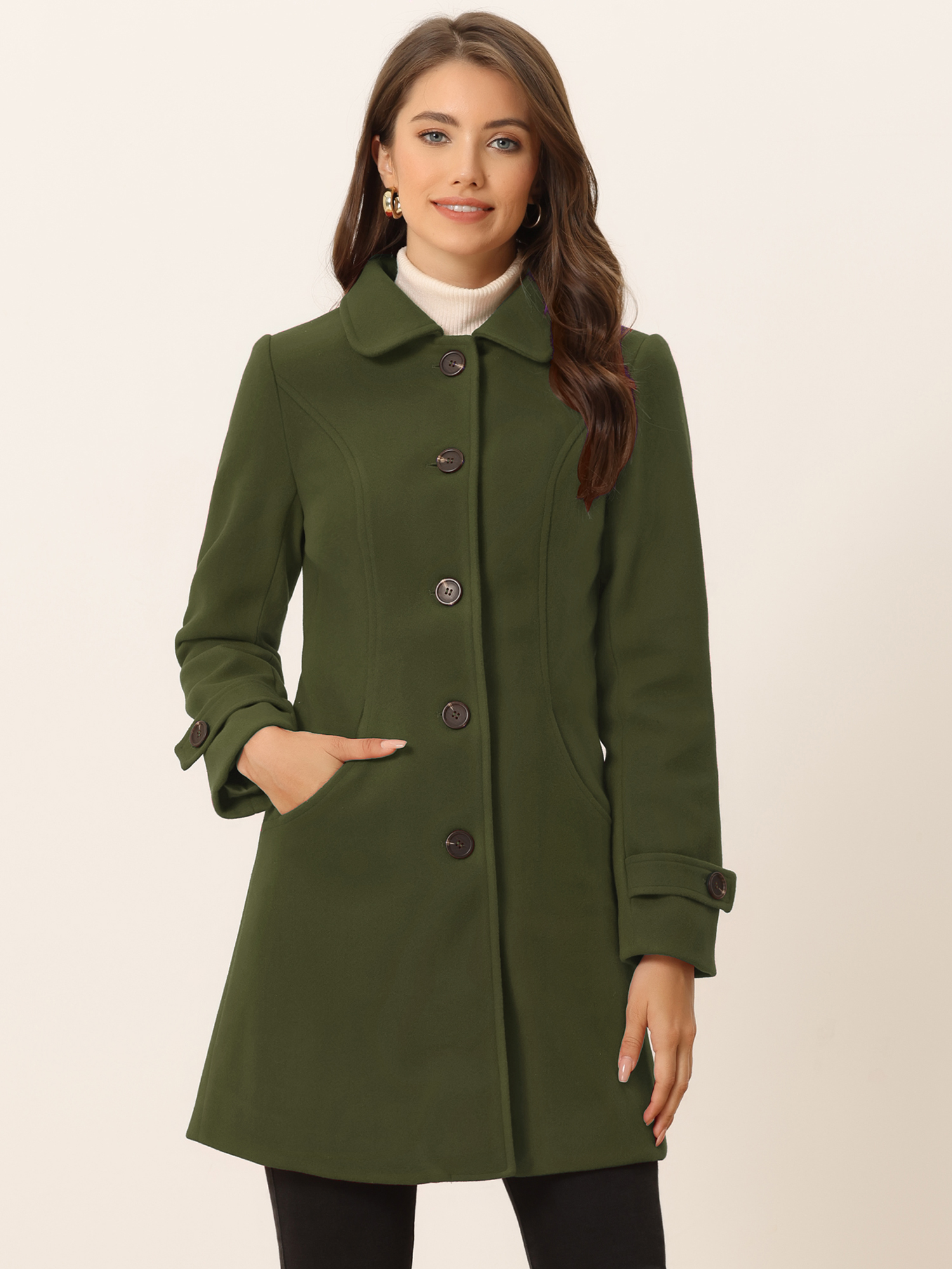 Peter Pan Collar Mid-thigh A-line Single Breasted Pea Coat Army Green/XL