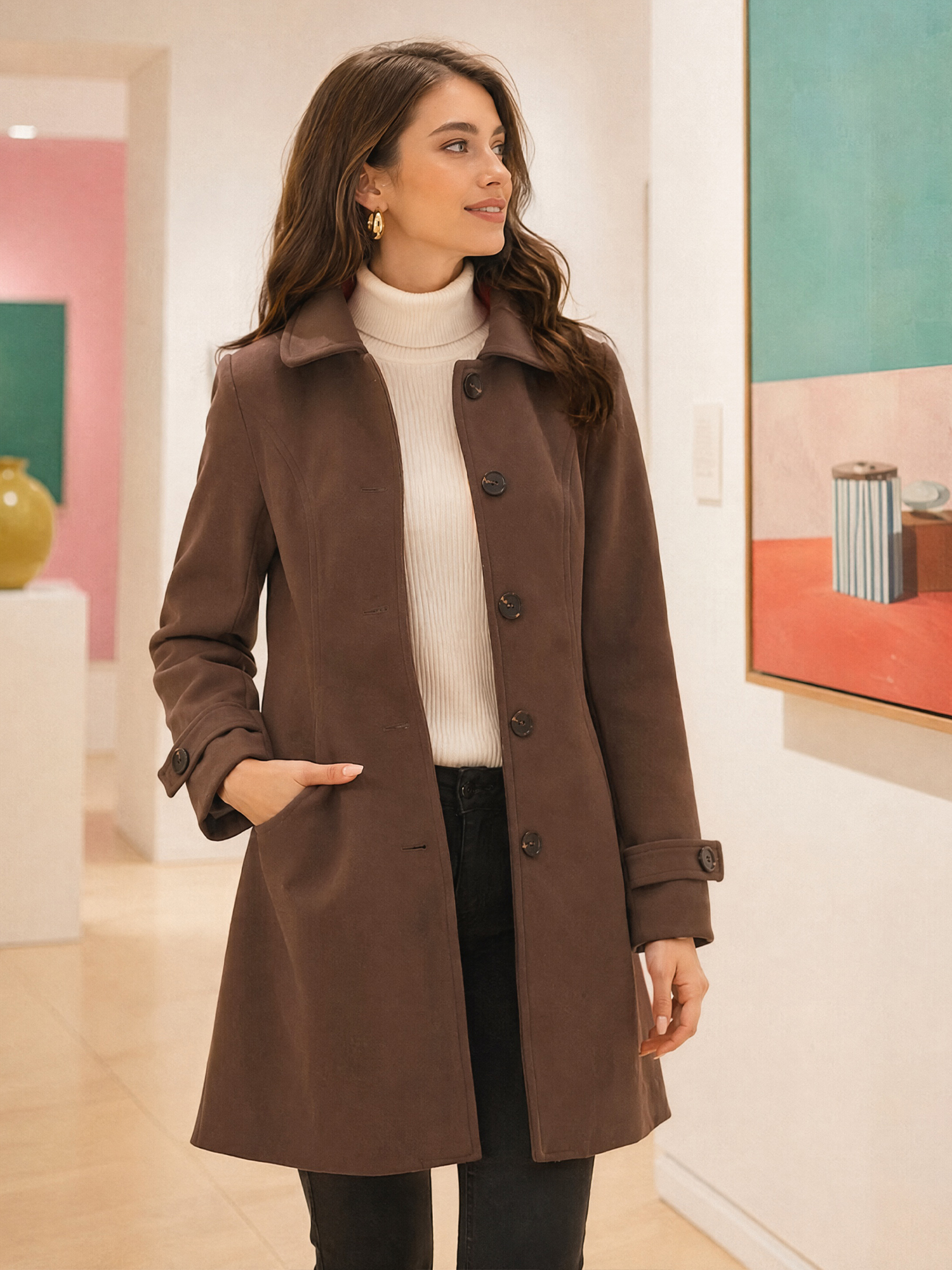 Peter Pan Collar Mid-thigh A-line Single Breasted Pea Coat Coffee/S