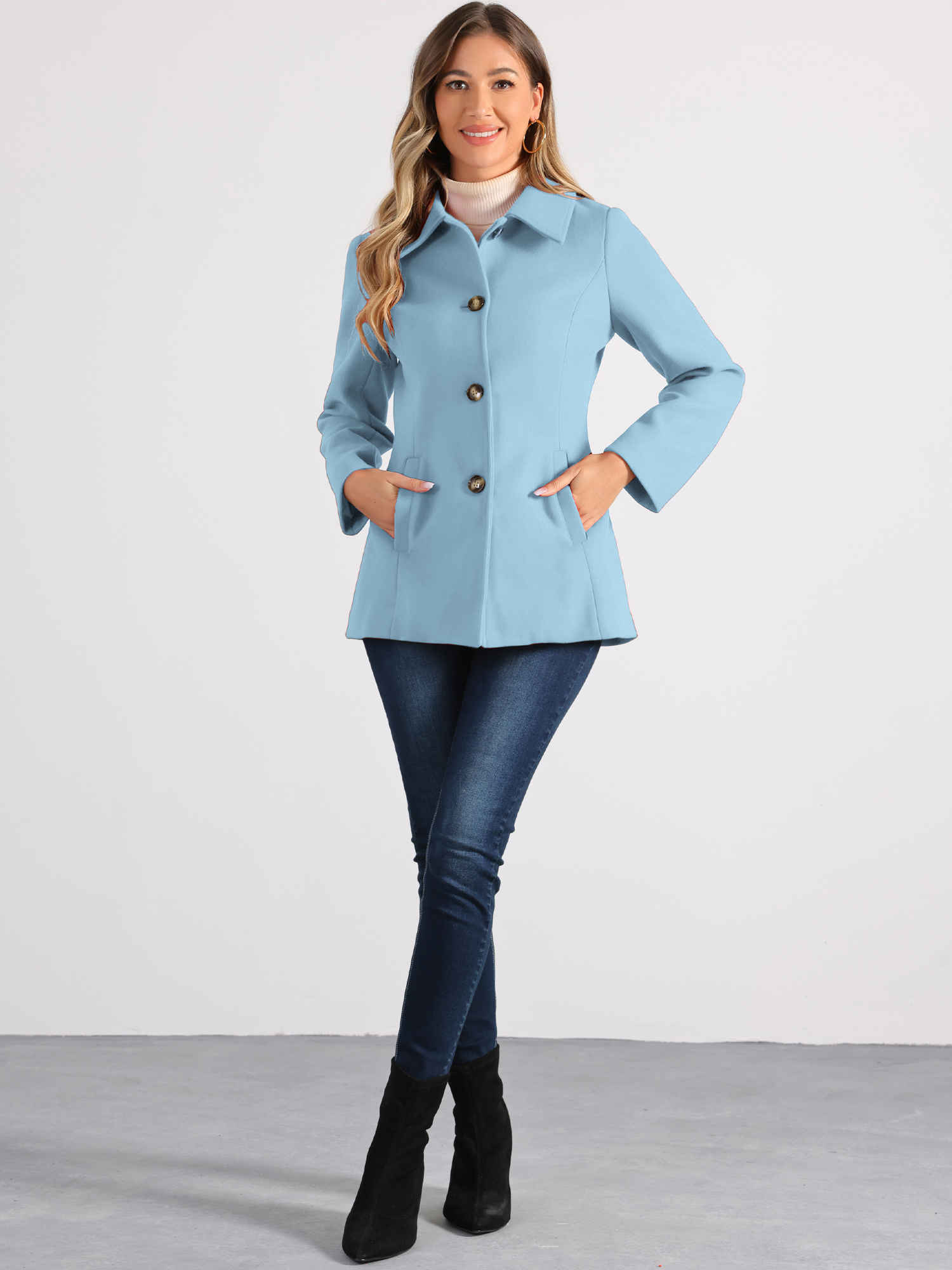 Work Office Winter Overcoat Single Breasted Point Collar Pea Coat Light Blue/XS