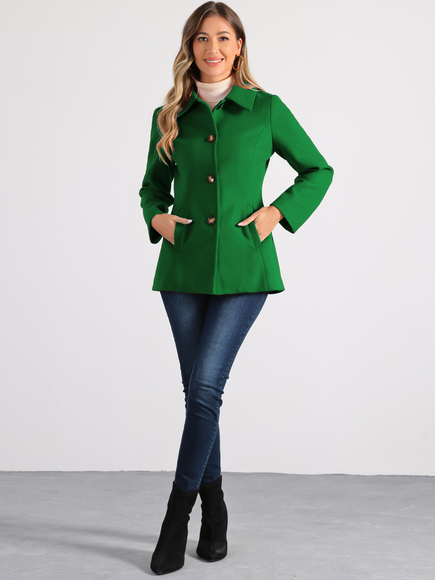 Work Office Winter Overcoat Single Breasted Point Collar Pea Coat Green/M