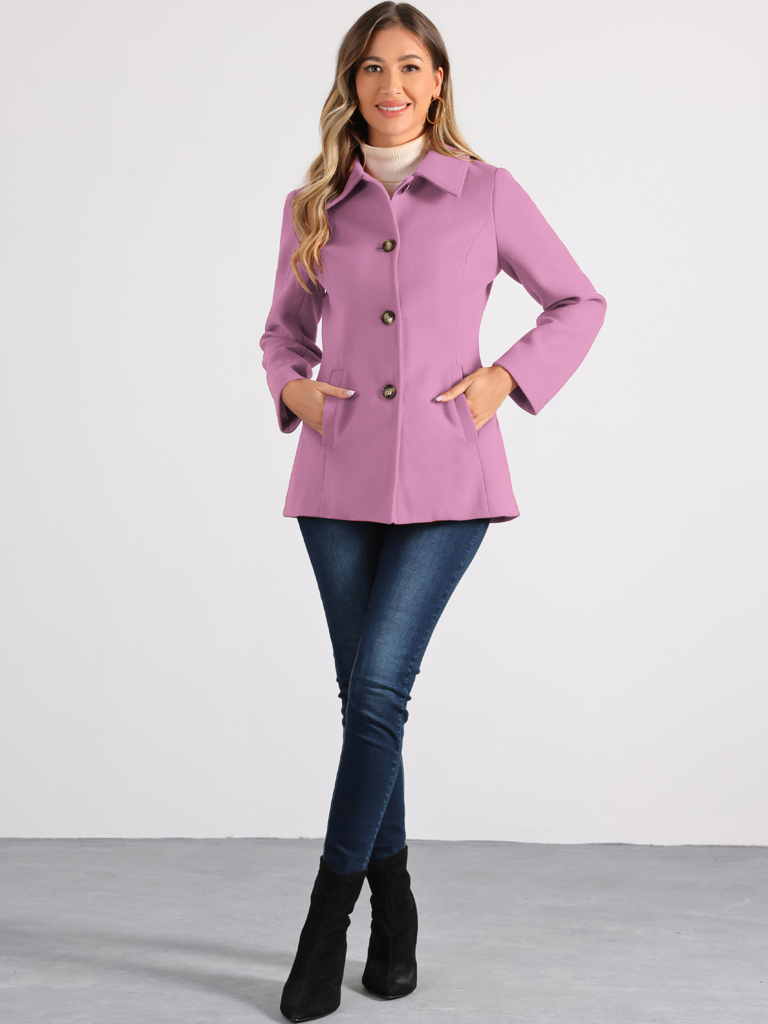 Work Office Winter Overcoat Single Breasted Point Collar Pea Coat Lavender/XS