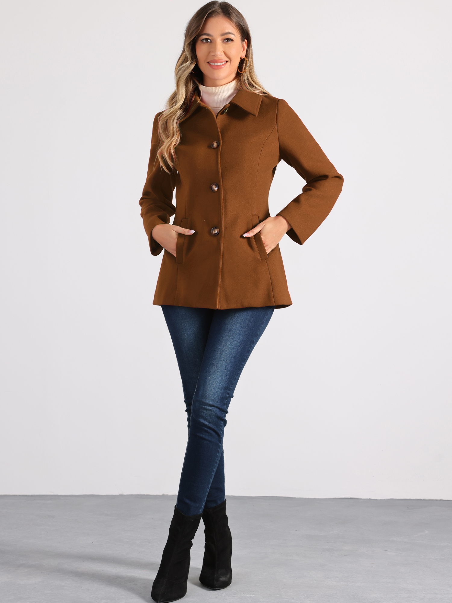 Work Office Winter Overcoat Single Breasted Point Collar Pea Coat Dark Brown/M