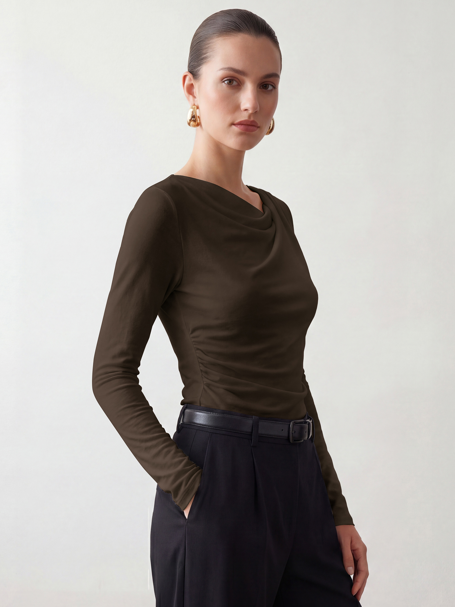 Cowl Neck Long Sleeve Ruched Work Blouse Brown/L