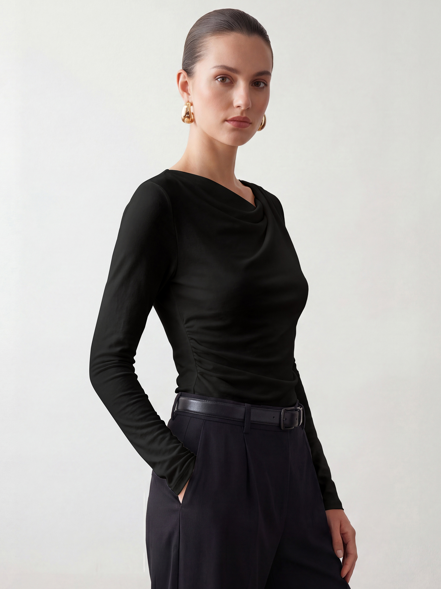 Cowl Neck Long Sleeve Ruched Work Blouse Black/S