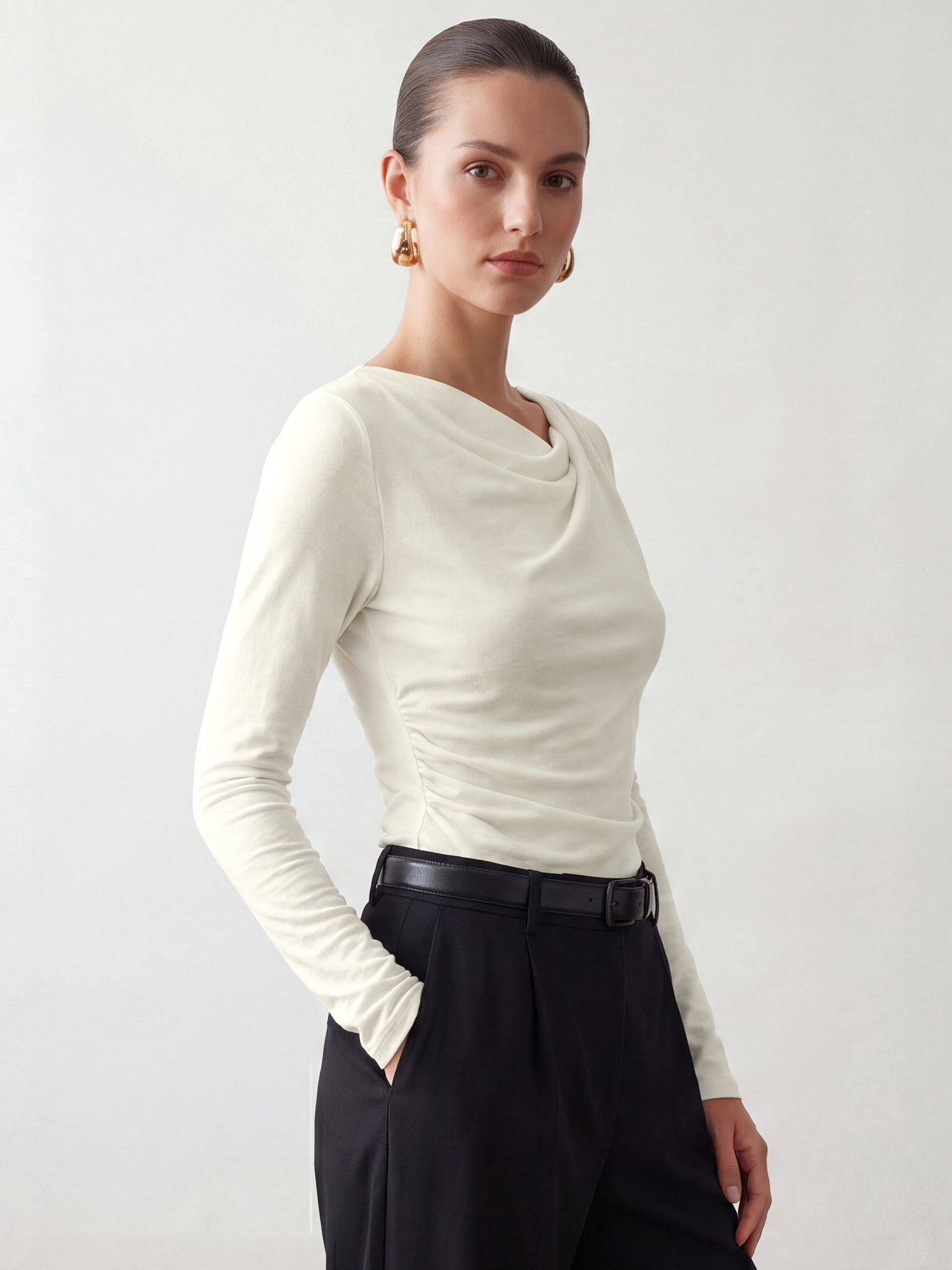 Cowl Neck Long Sleeve Ruched Work Blouse Beige/M