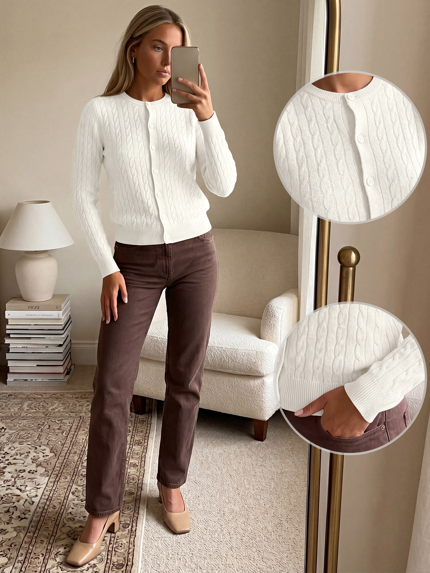 Crew Neck Long Sleeve Button Down Cable Knit Cardigan White/XL