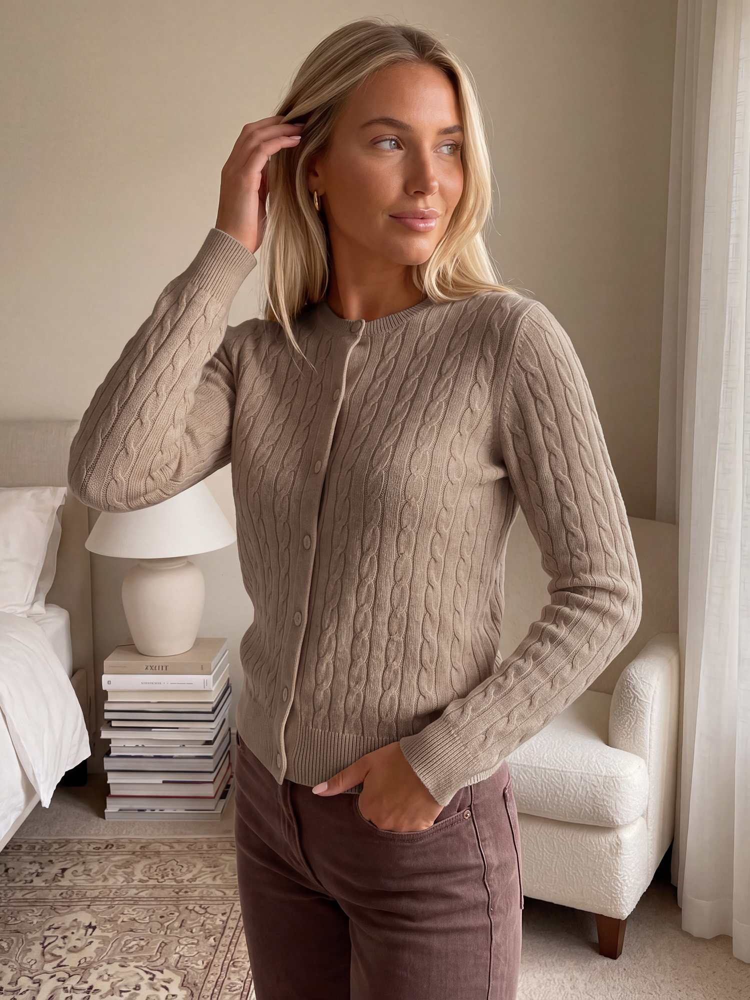 Crew Neck Long Sleeve Button Down Cable Knit Cardigan Camel/M
