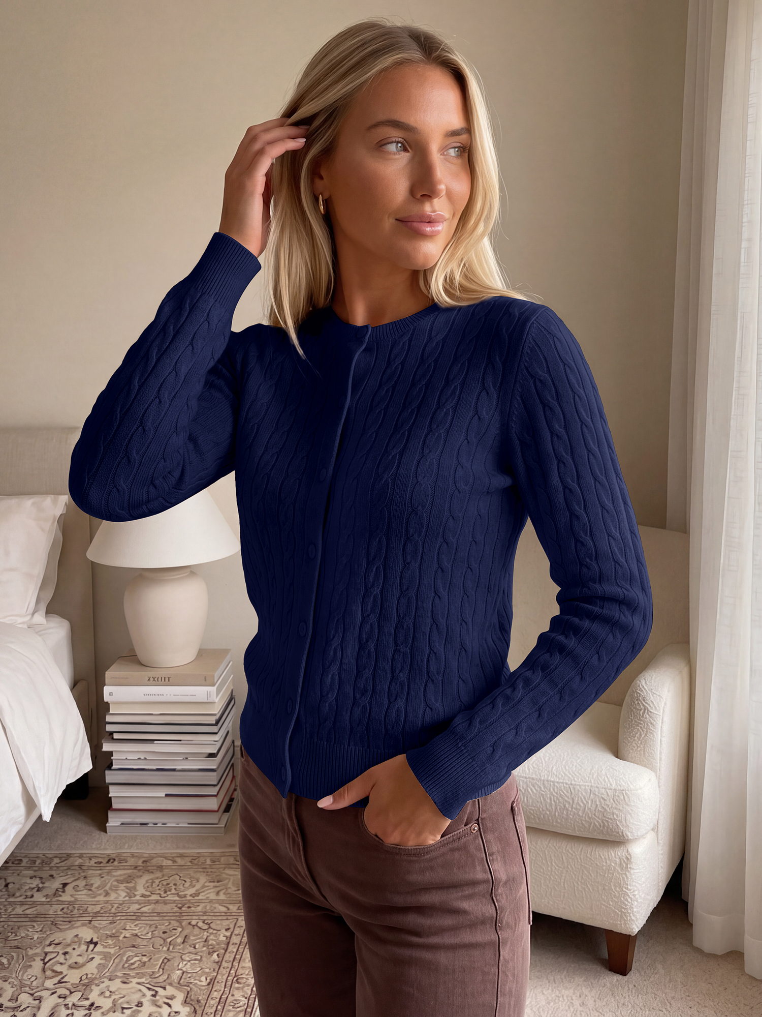Crew Neck Long Sleeve Button Down Cable Knit Cardigan Navy Blue/XL