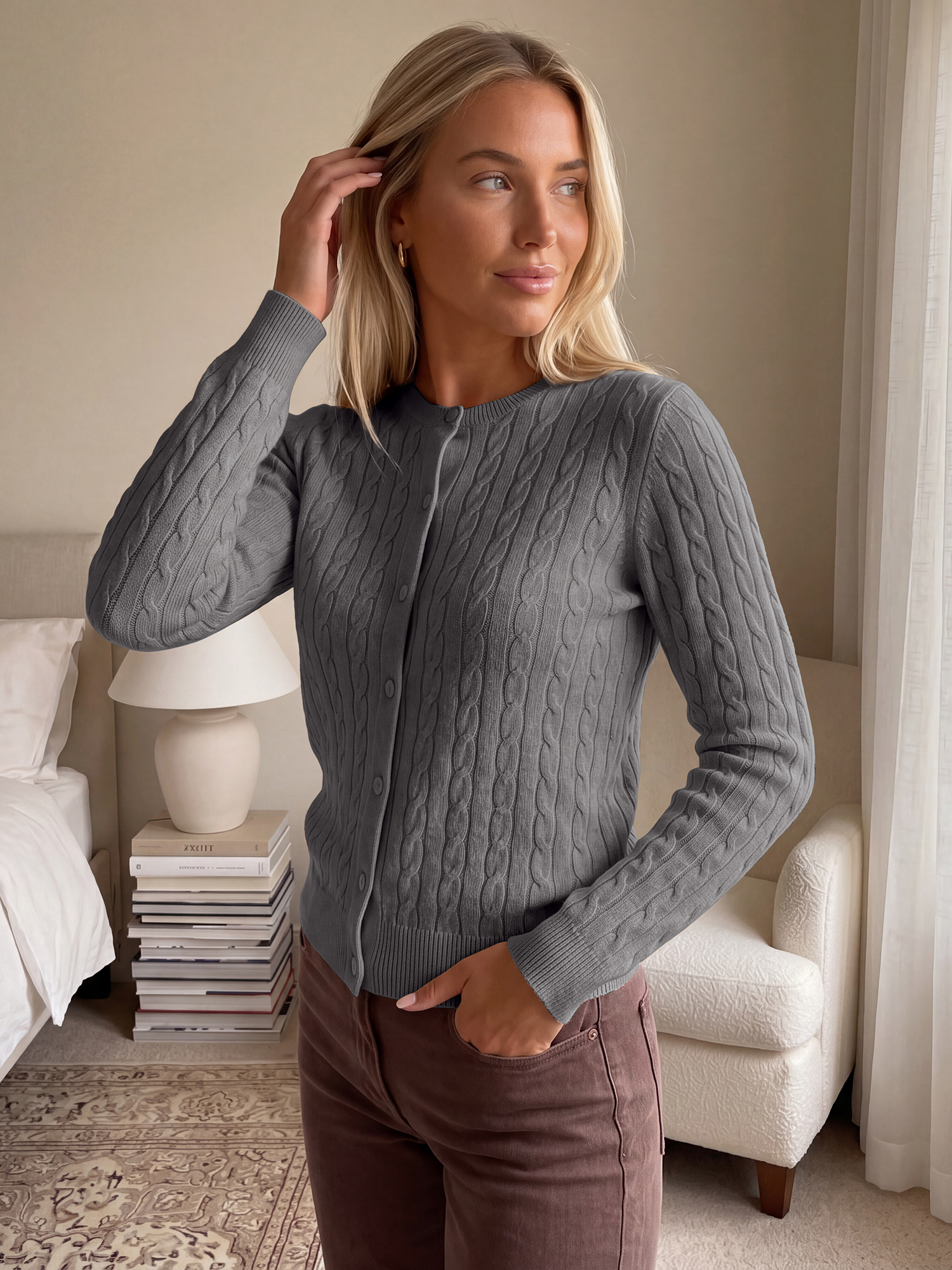 Crew Neck Long Sleeve Button Down Cable Knit Cardigan Grey/L