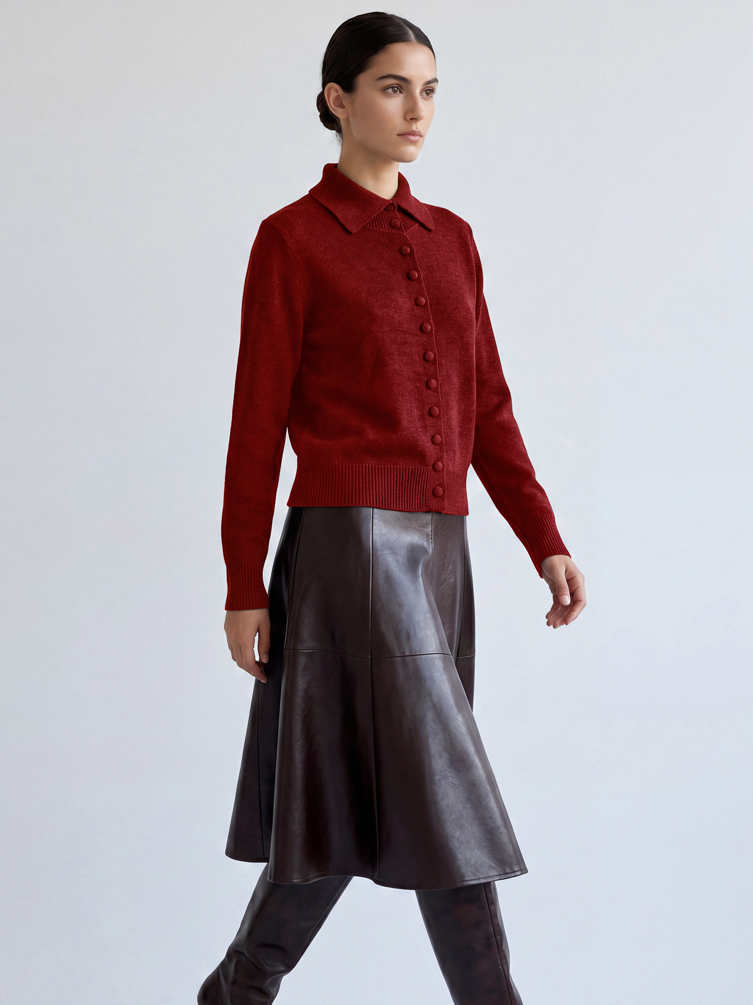 Collared Button Front Long Sleeve Soft Knit Cardigan Red/S