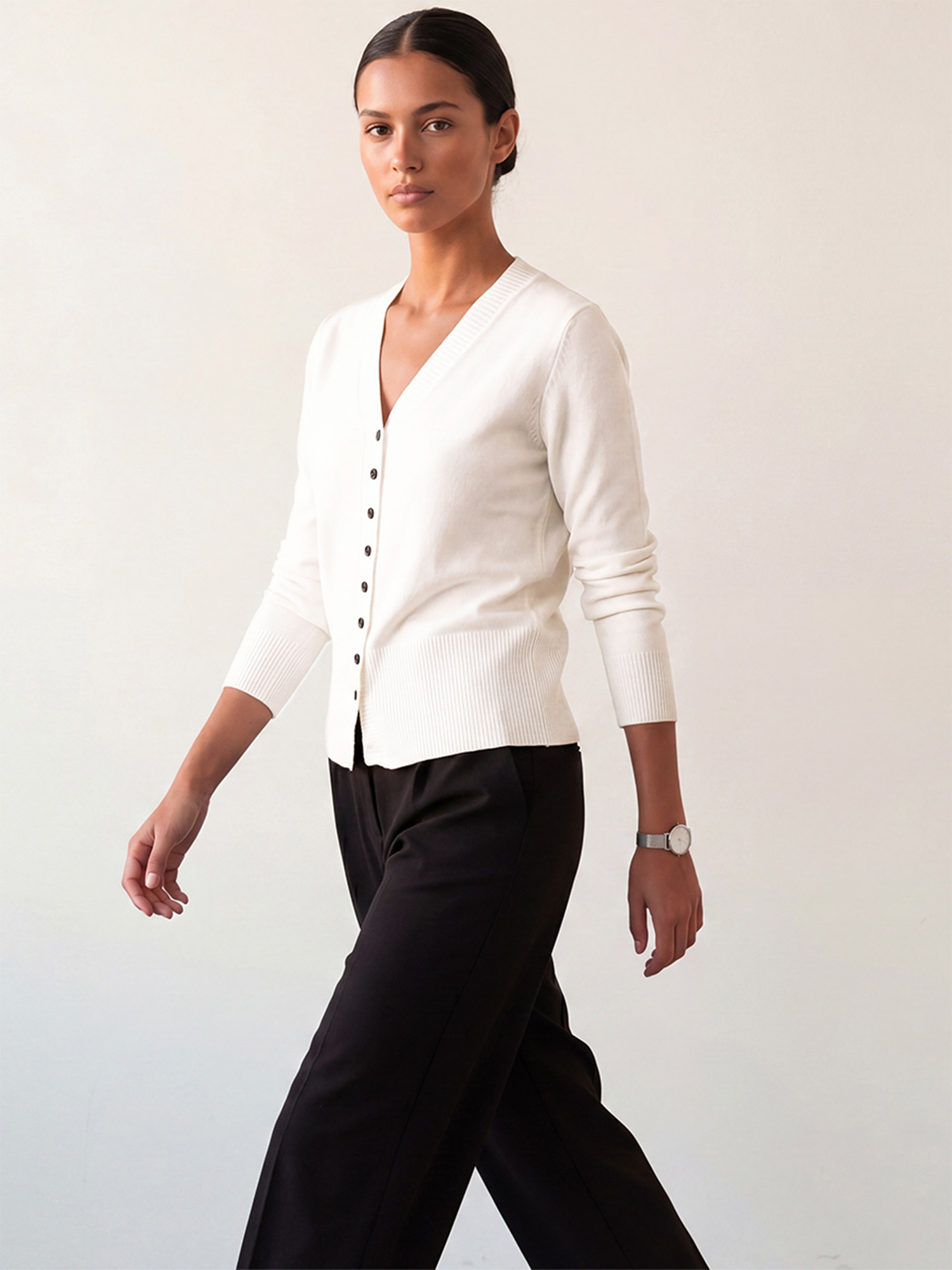 Knit Long Sleeve Cinched Waist Split Hem V Neck Cardigan White/XL