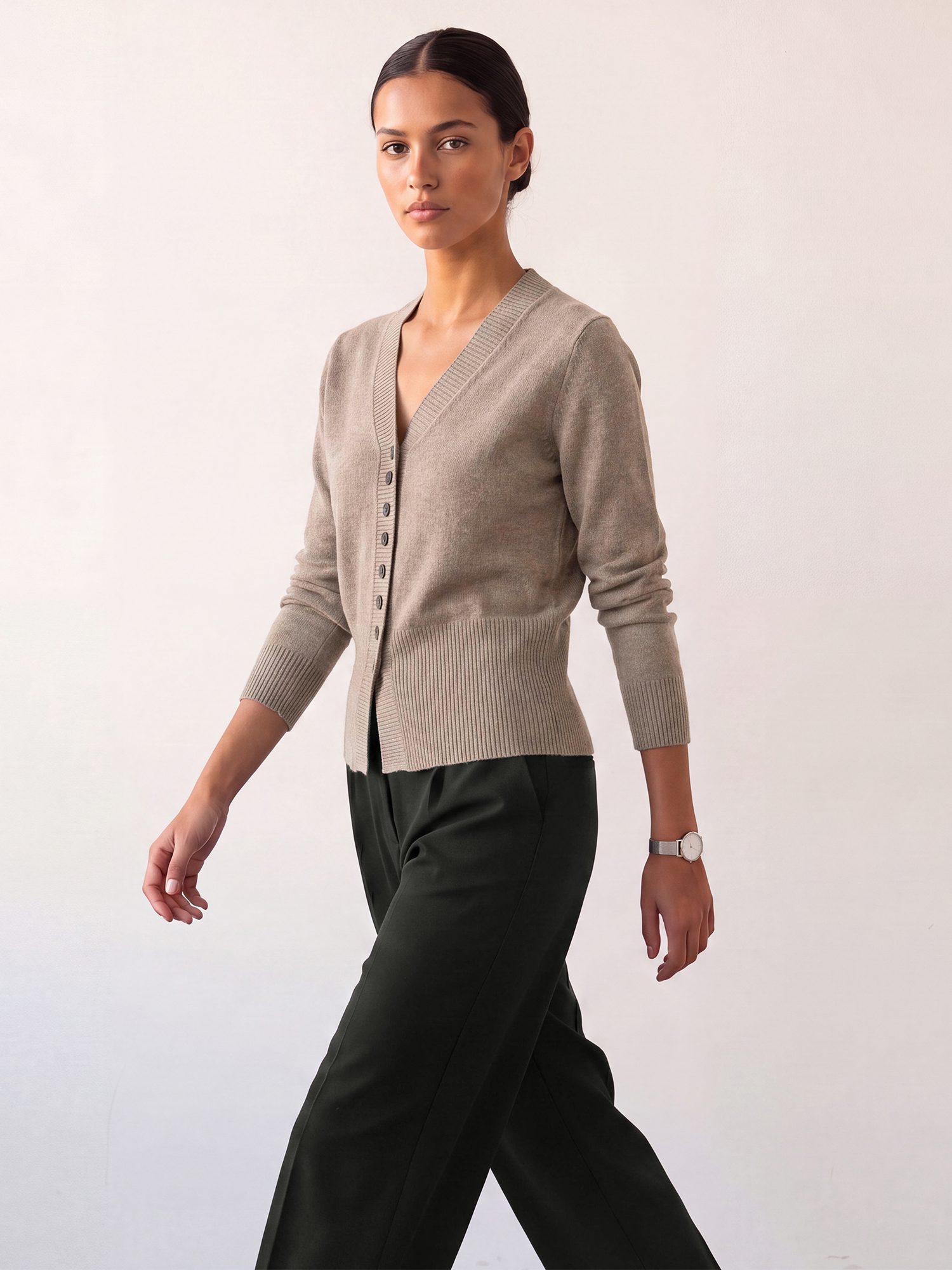 Knit Long Sleeve Cinched Waist Split Hem V Neck Cardigan Camel/S
