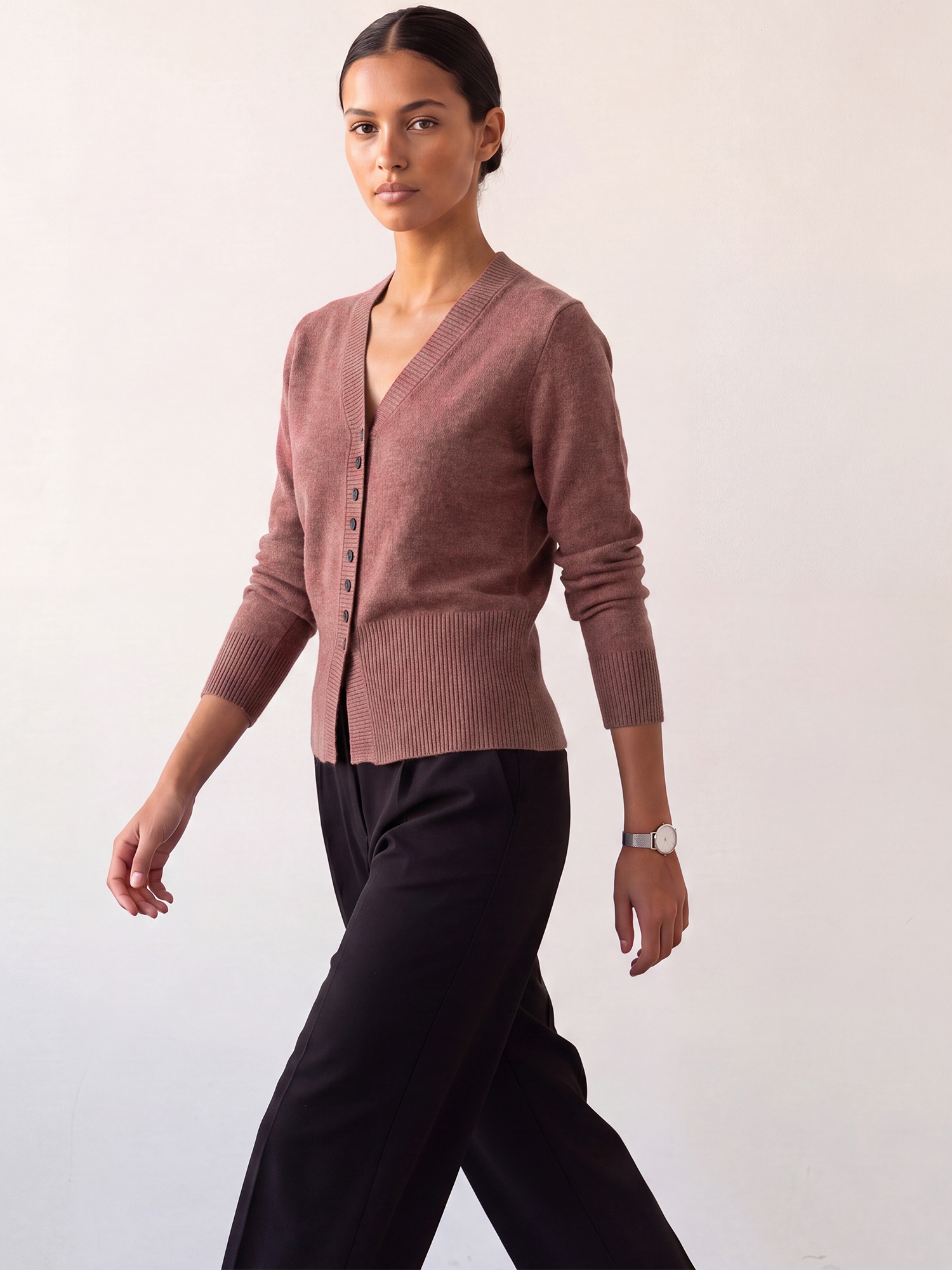 Knit Long Sleeve Cinched Waist Split Hem V Neck Cardigan Dusty Rose/L
