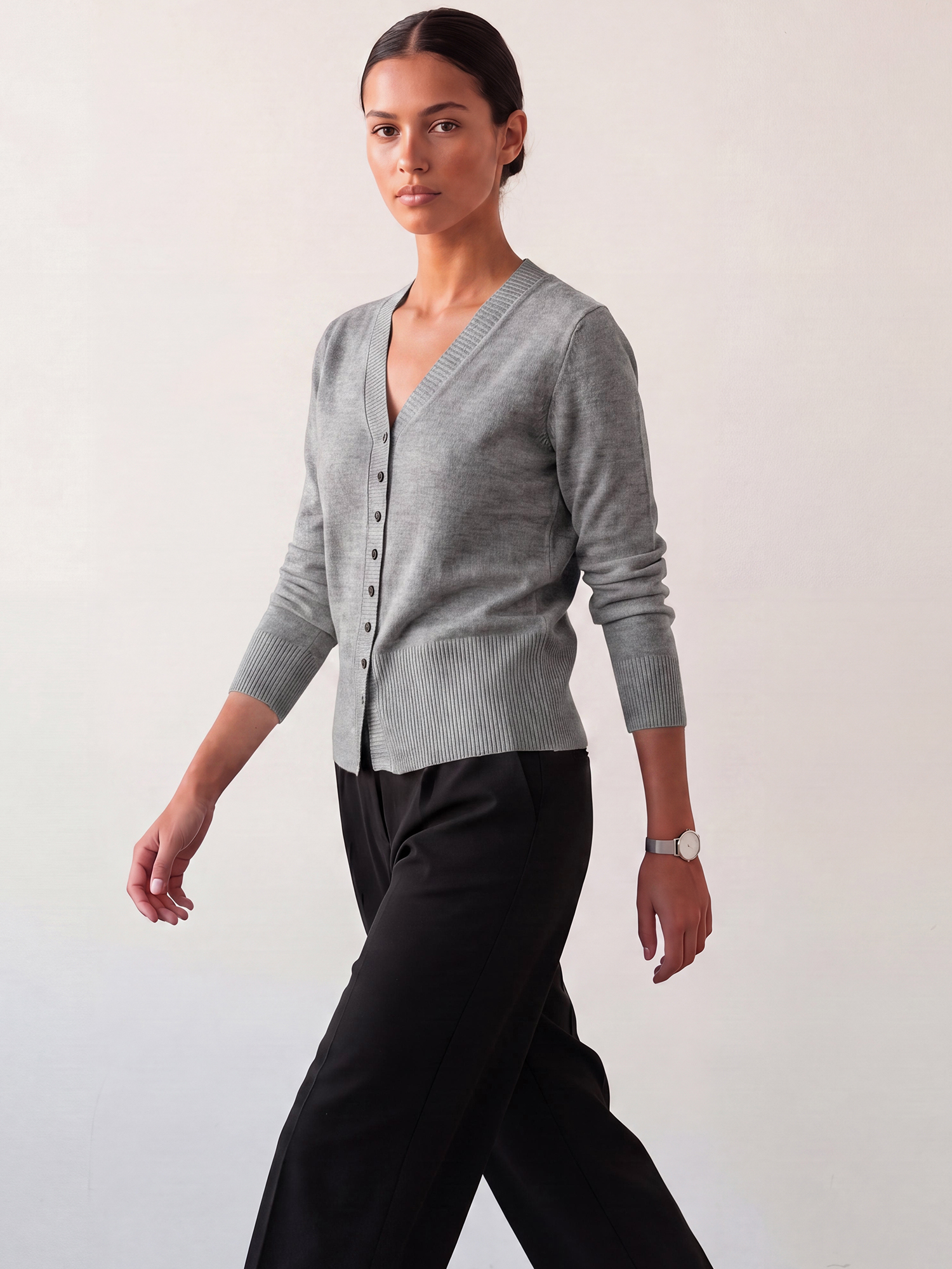 Knit Long Sleeve Cinched Waist Split Hem V Neck Cardigan Grey/XL