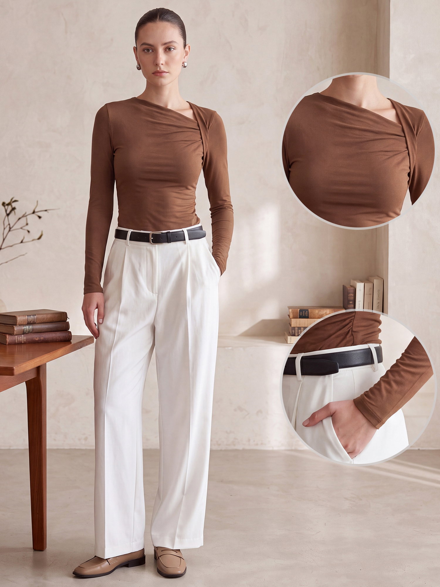 Asymmetrical Neck Casual Long Sleeve Blouse Brown/XL