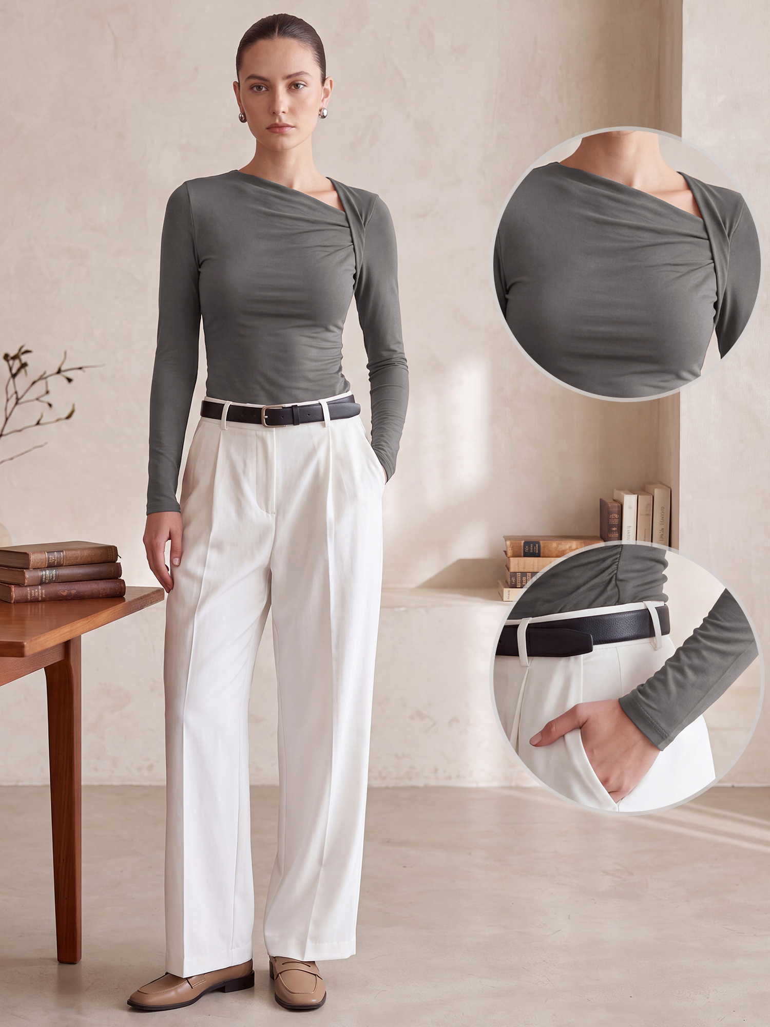 Asymmetrical Neck Casual Long Sleeve Blouse Gray/L