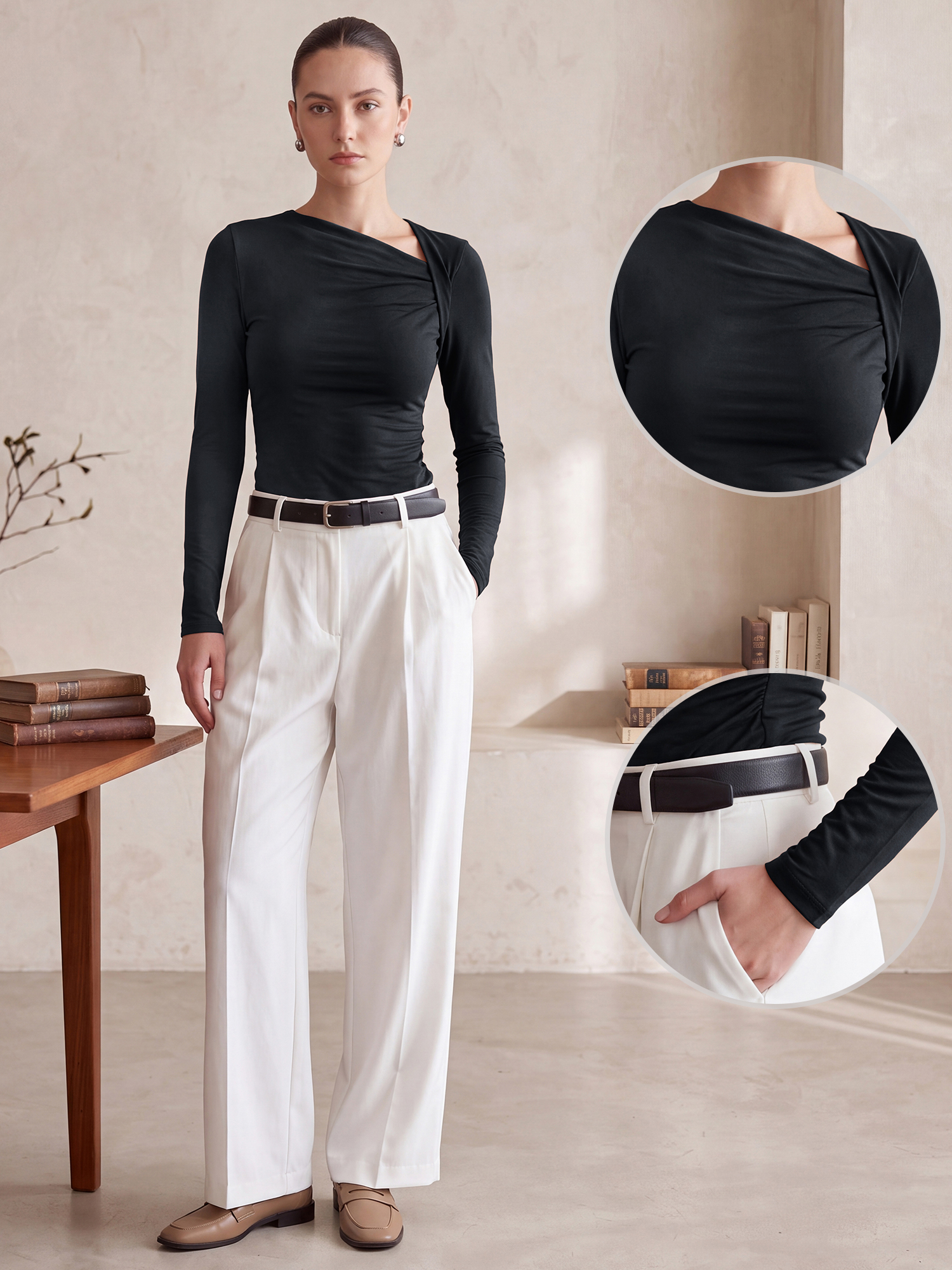Asymmetrical Neck Casual Long Sleeve Blouse Black/M