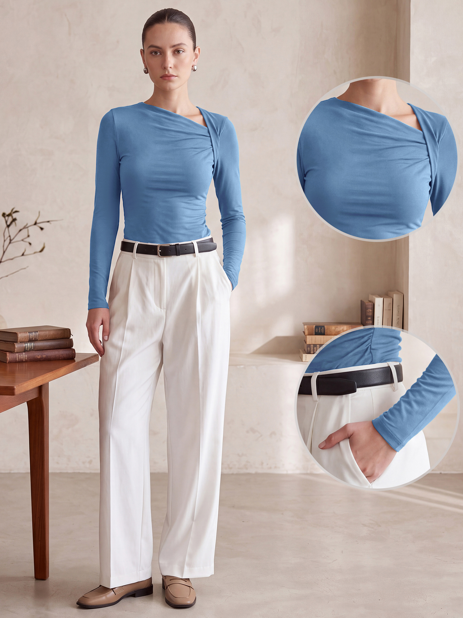 Asymmetrical Neck Casual Long Sleeve Blouse Blue/S