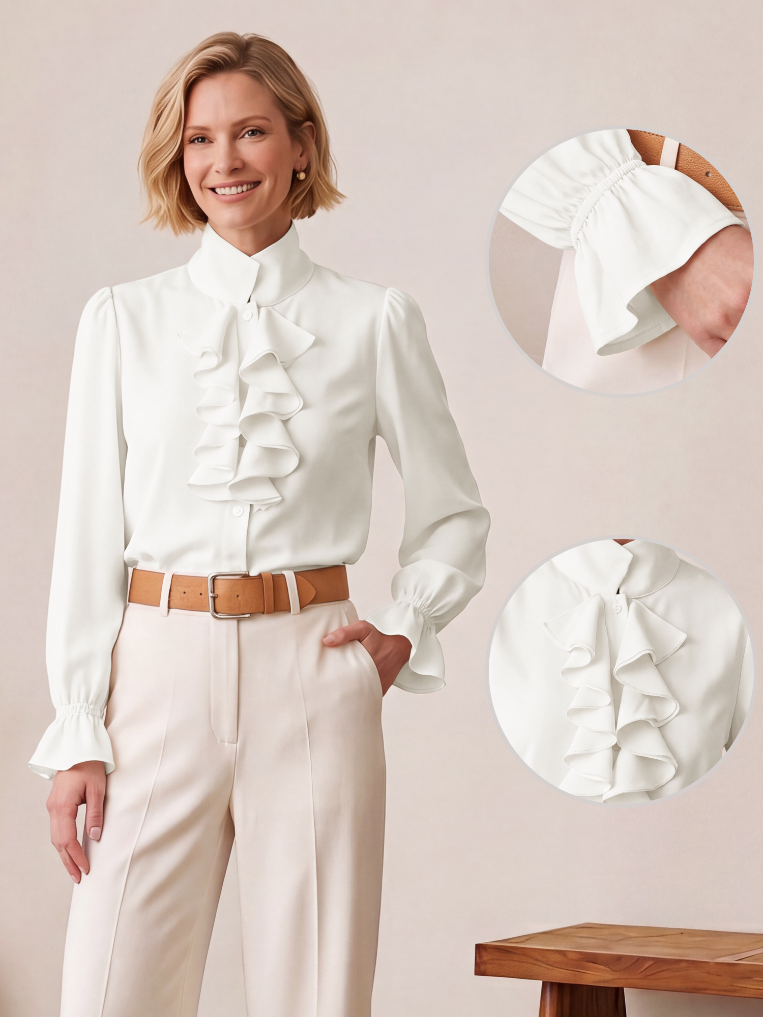 Ruffle Puff Long Sleeves Mock Neck Work Office Shirt Apricot/S