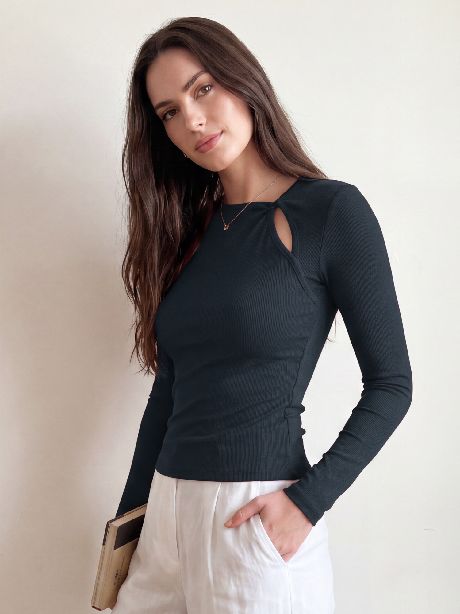 Twist Knot Cutout Long Sleeve Crew Neck Blouse Blue/XL