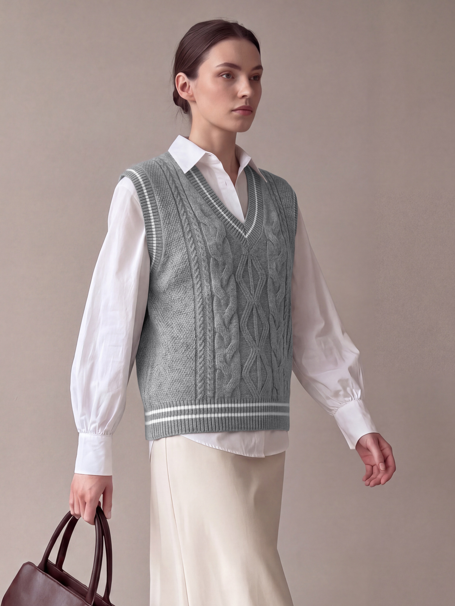 Colorblock Sleeveless V Neck Cable Knit Sweater Vest Grey/M
