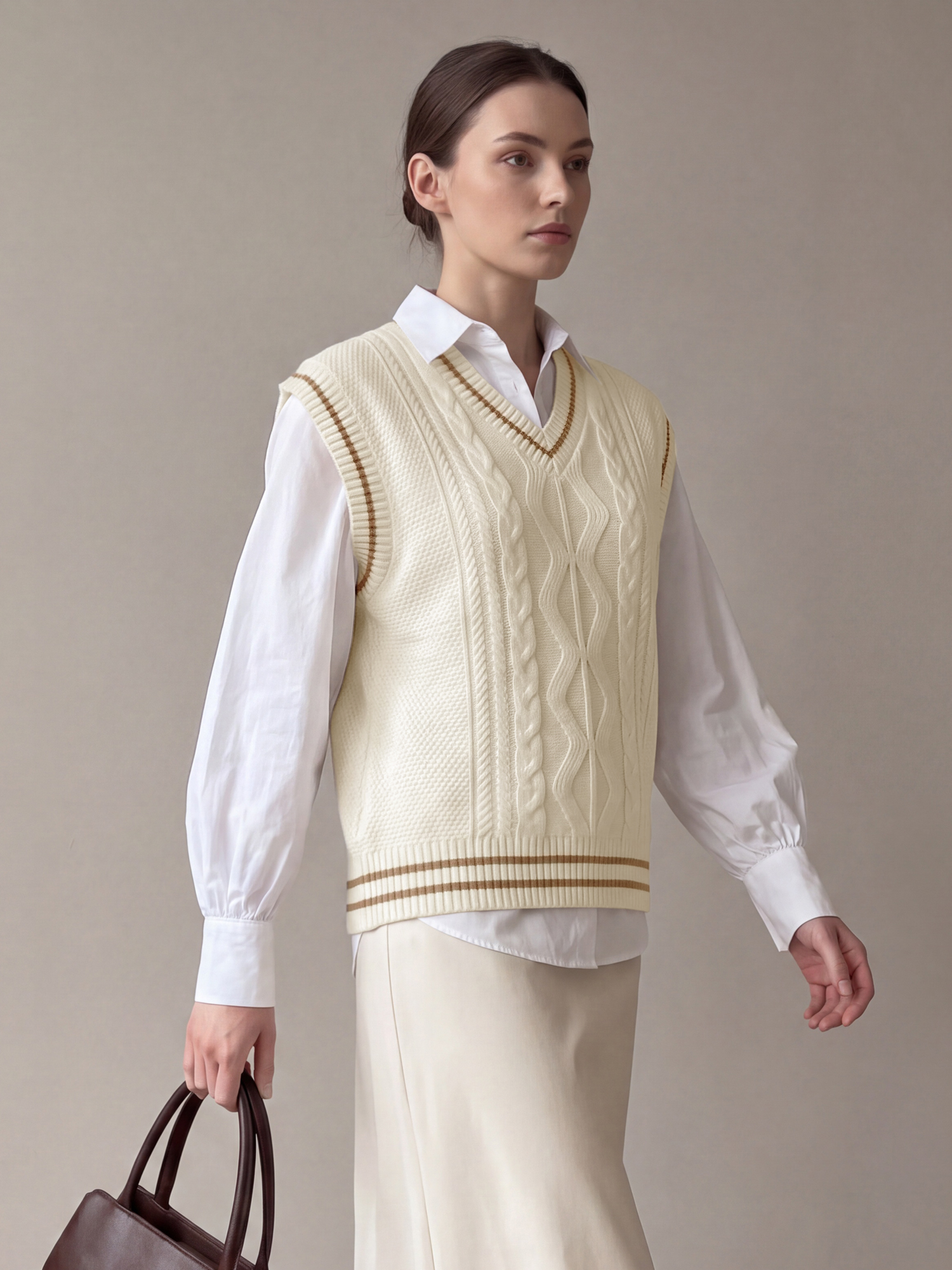 Colorblock Sleeveless V Neck Cable Knit Sweater Vest Beige/L